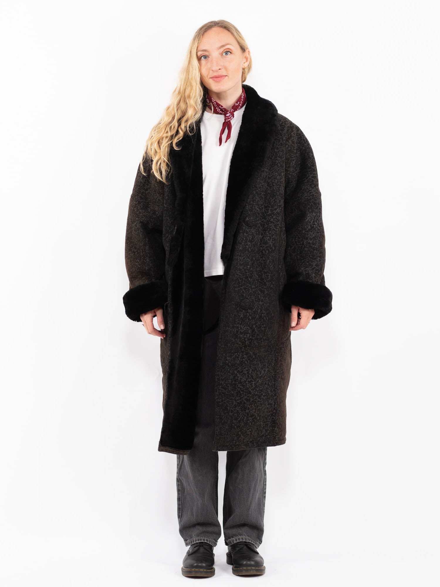 Vintage 90's Women Faux Sheepskin Coat in Black by Northern Grip