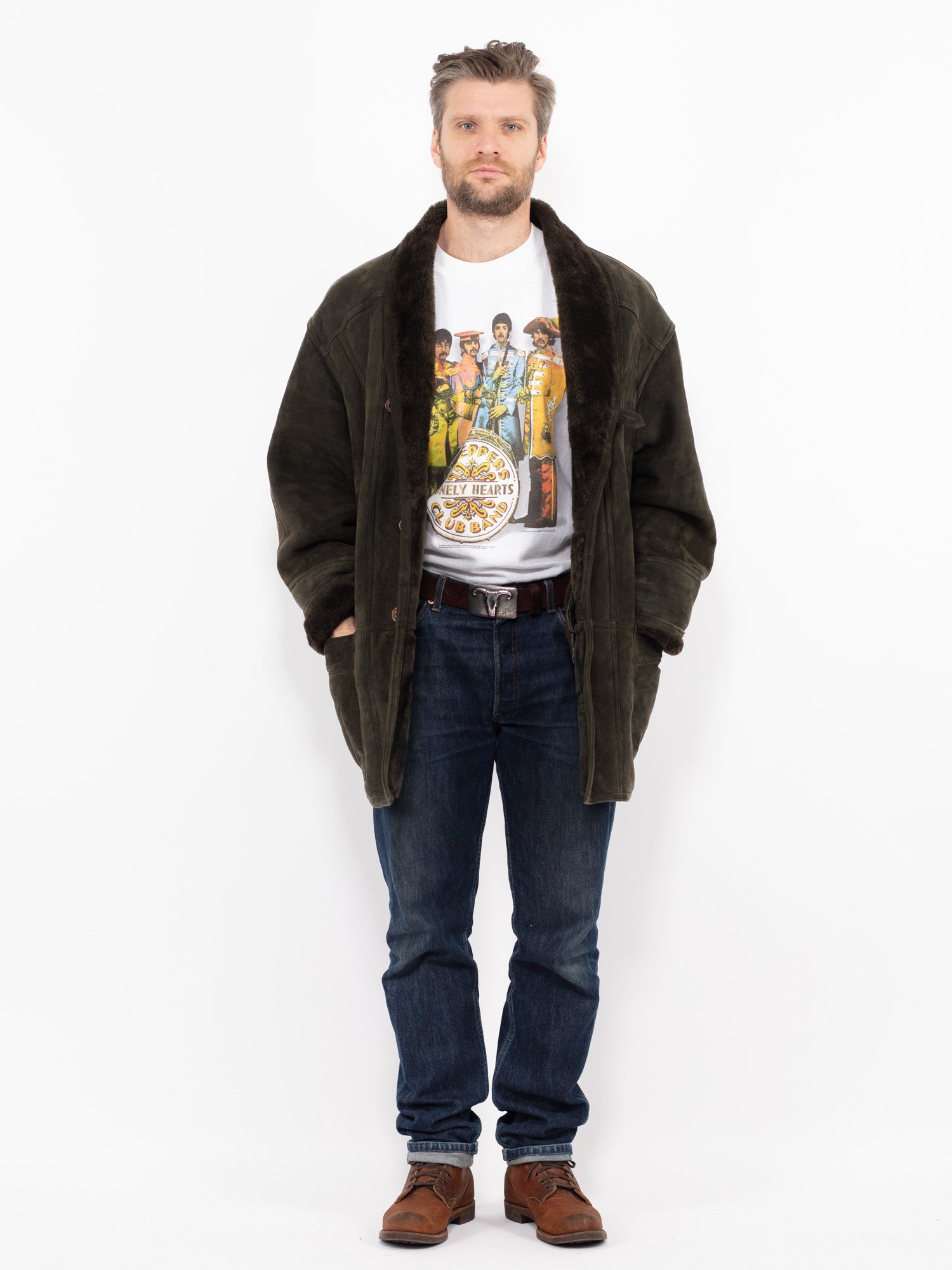 Vintage 80's Men Sheepskin Shearling Coat in Green by Northern Grip