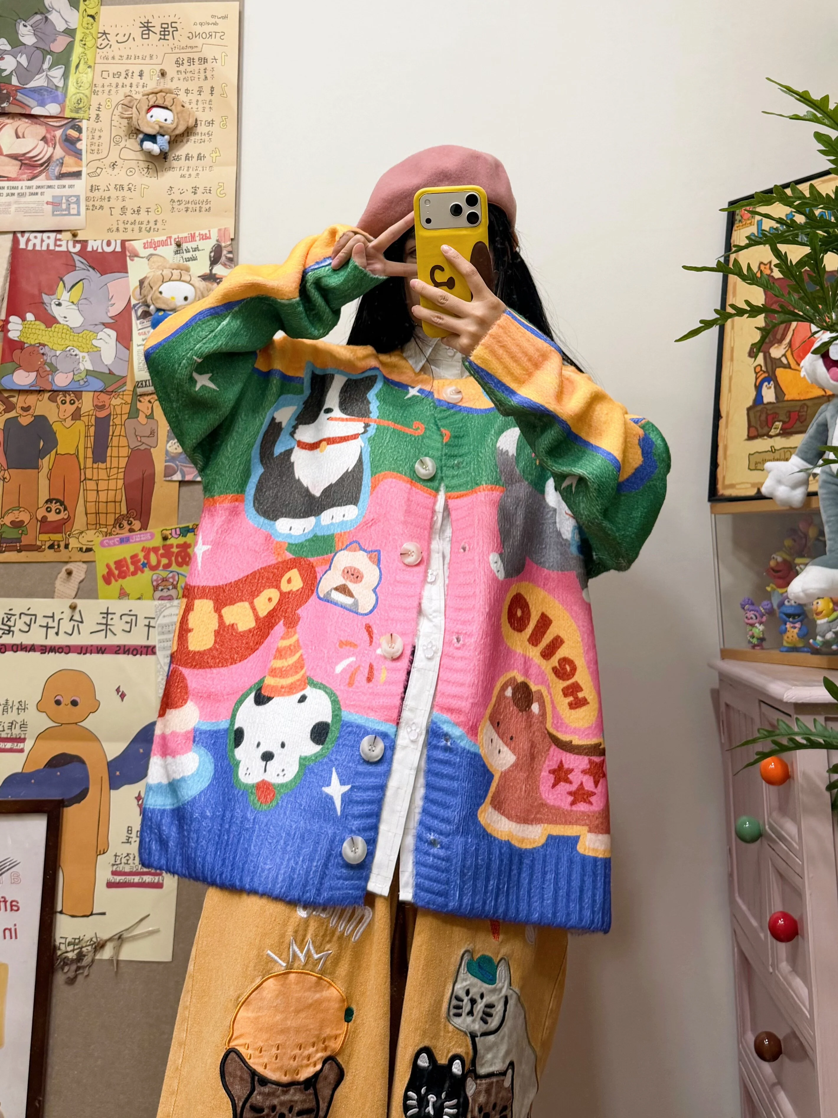 Colorful Cartoon Print Cardigan Sweater - BIBULU by Land Decora