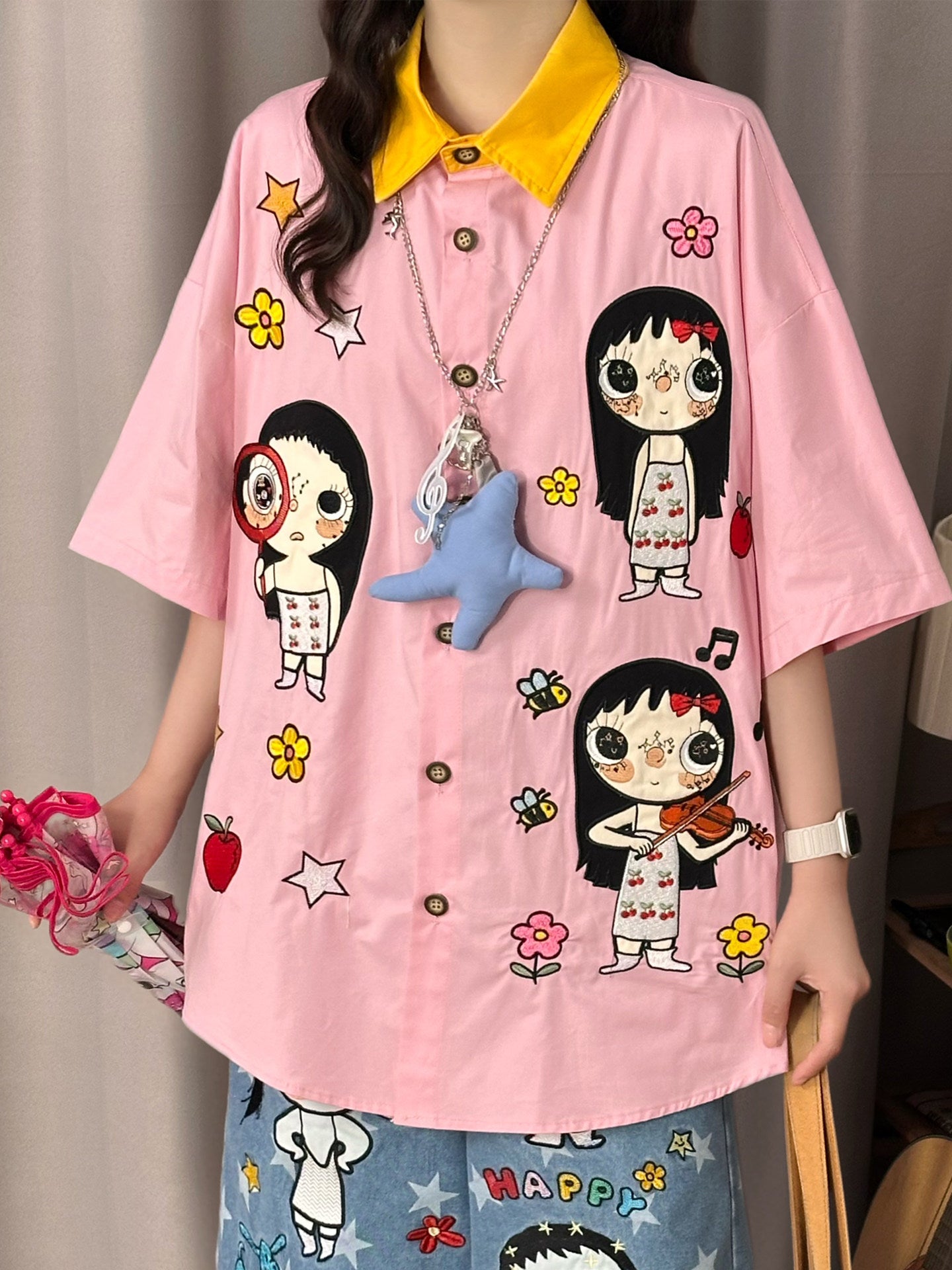 Pink Cartoon Embroidered Shirt Y2K Kawaii by Land Decora