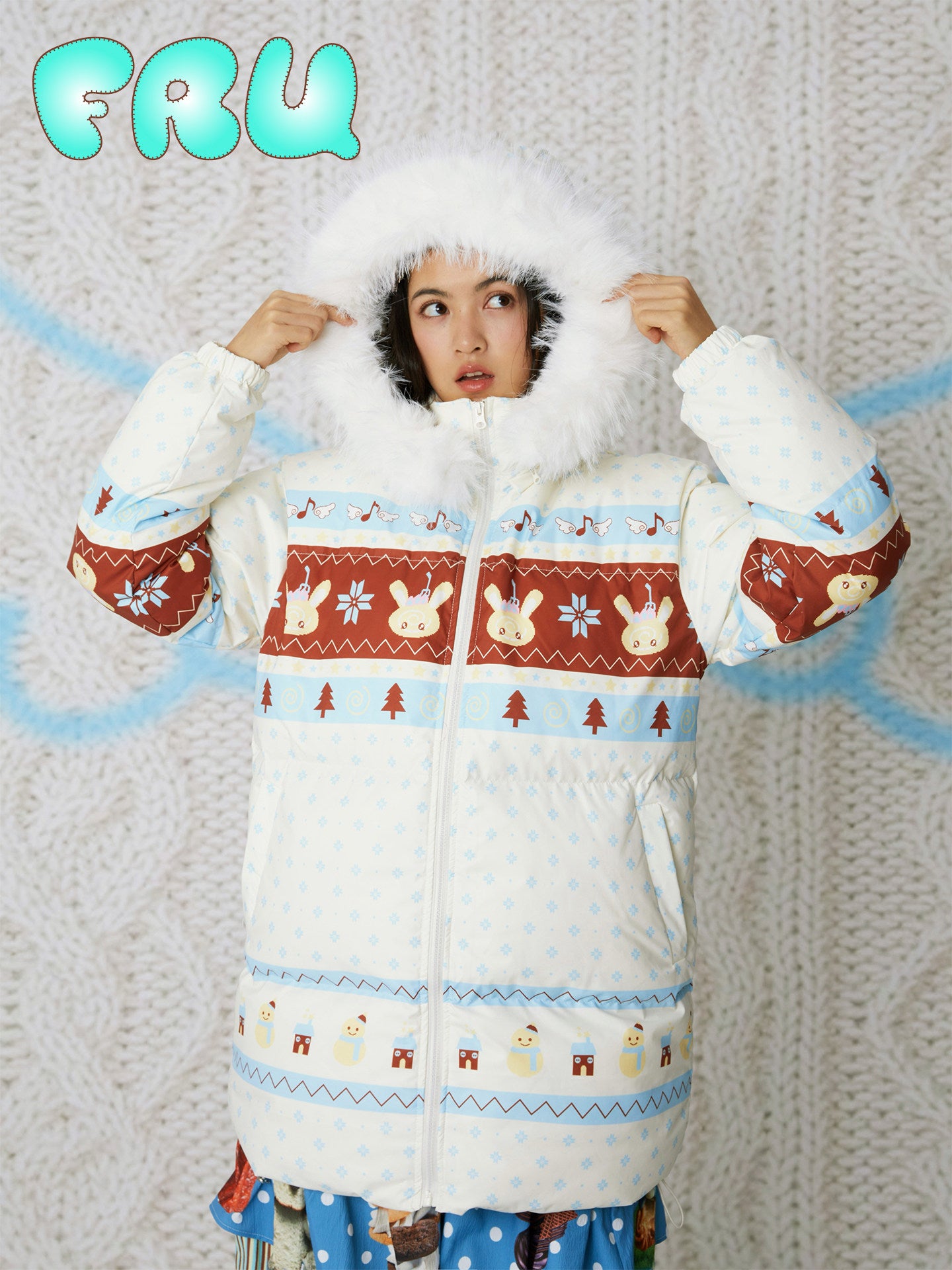 Kawaii Fair Isle Hooded Down Coat - frufru by Land Decora