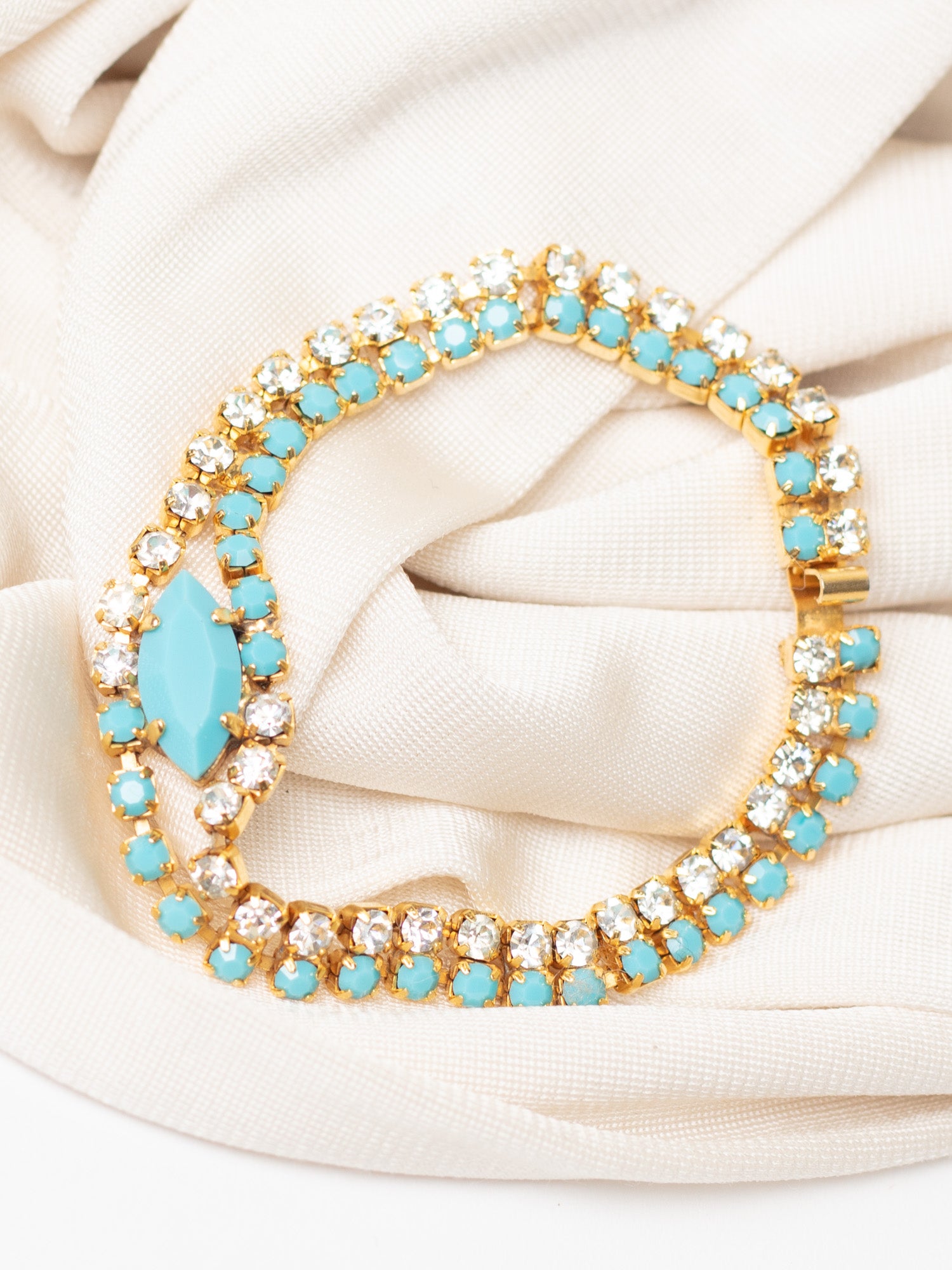 Vintage 80's Turquoise Glass Rhinestone Bracelet by Northern Grip