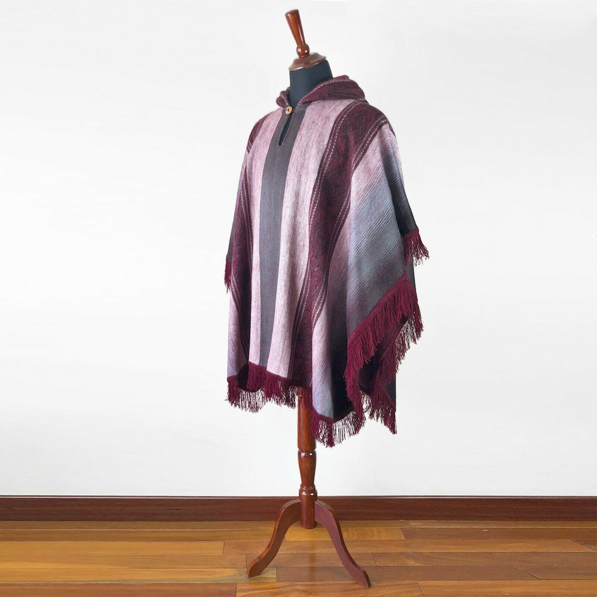 Lightweight Baby Alpaca Wool Fringed Hooded Poncho Pullover - Burgundy - Unisex by ECUALAMA