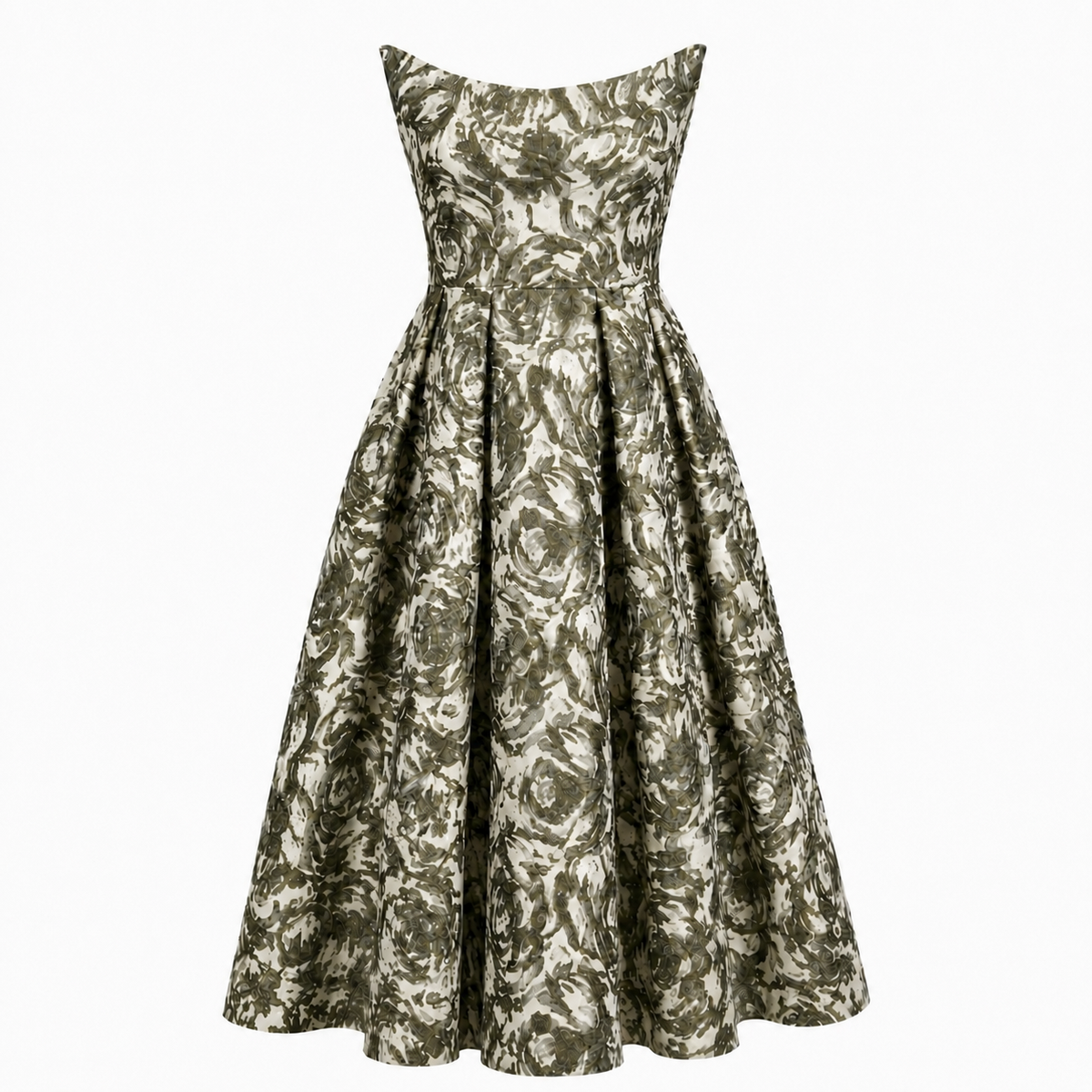 Tala Gold Floral Jacquard Corset Midi Dress – Strapless Occasion Dress by Sarvin