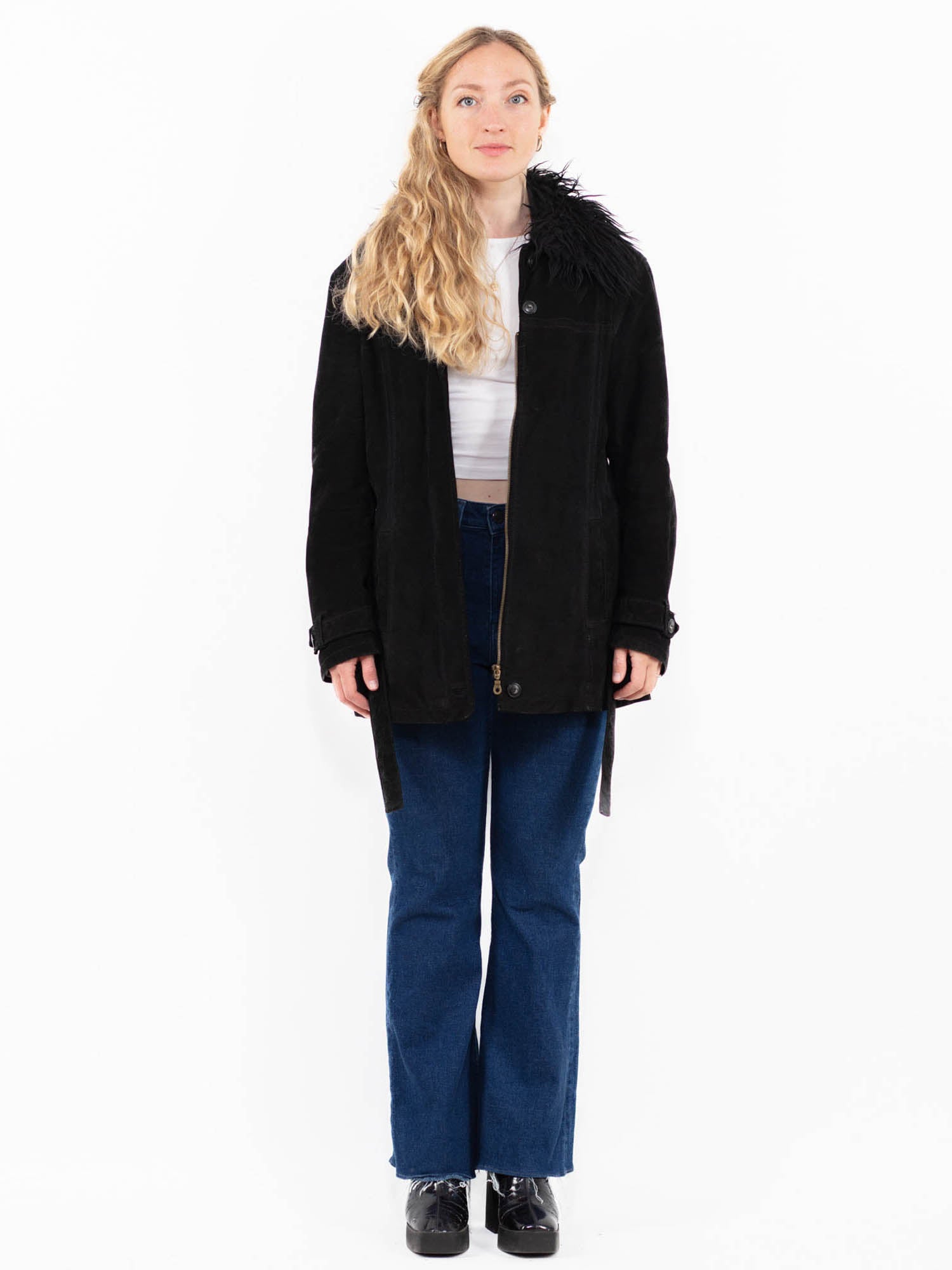 Vintage 90's Women Suede Sherpa Coat in Black by Northern Grip