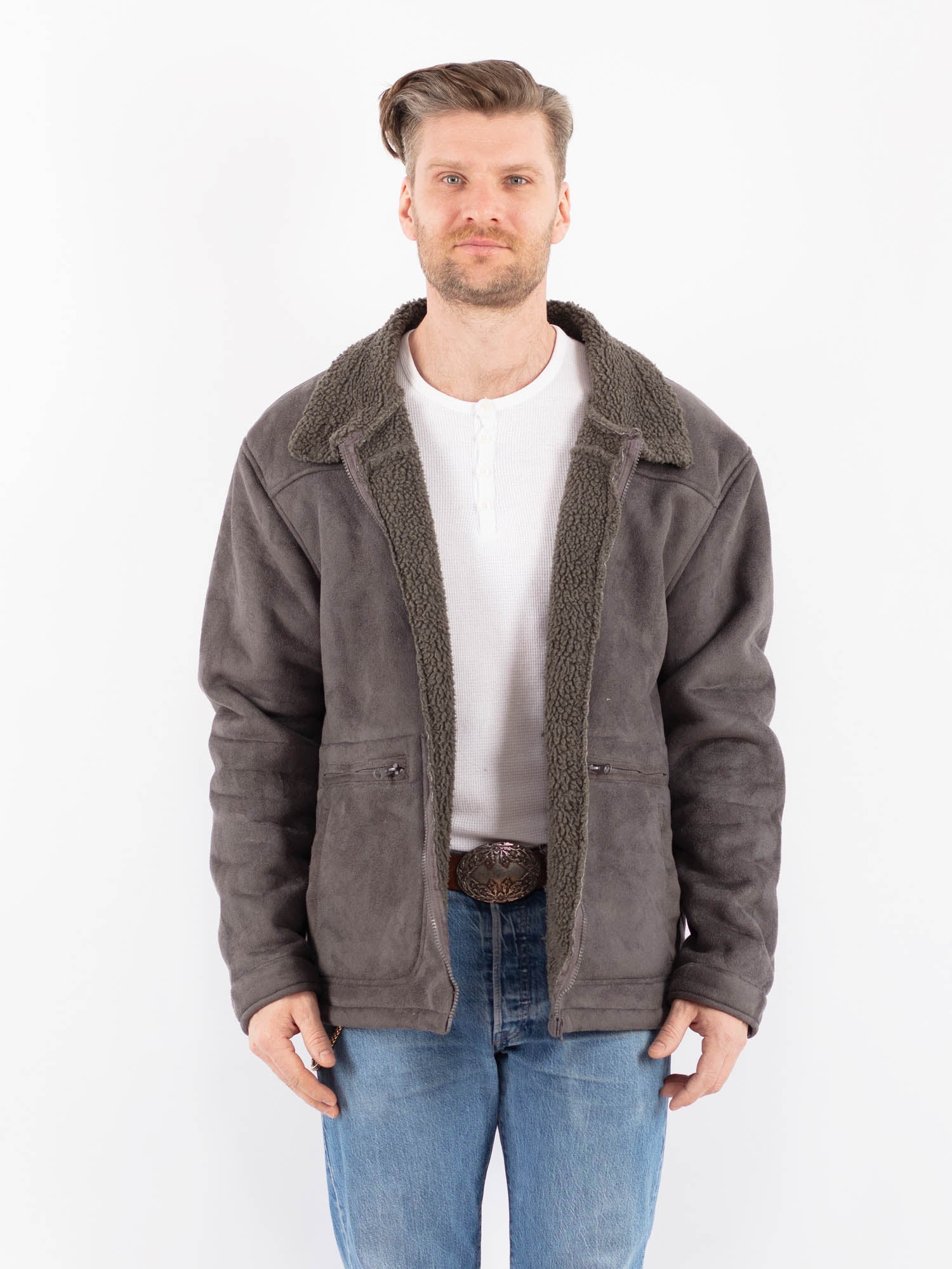 Vintage 00's Men Faux Sheepskin Jacket in Gray by Northern Grip
