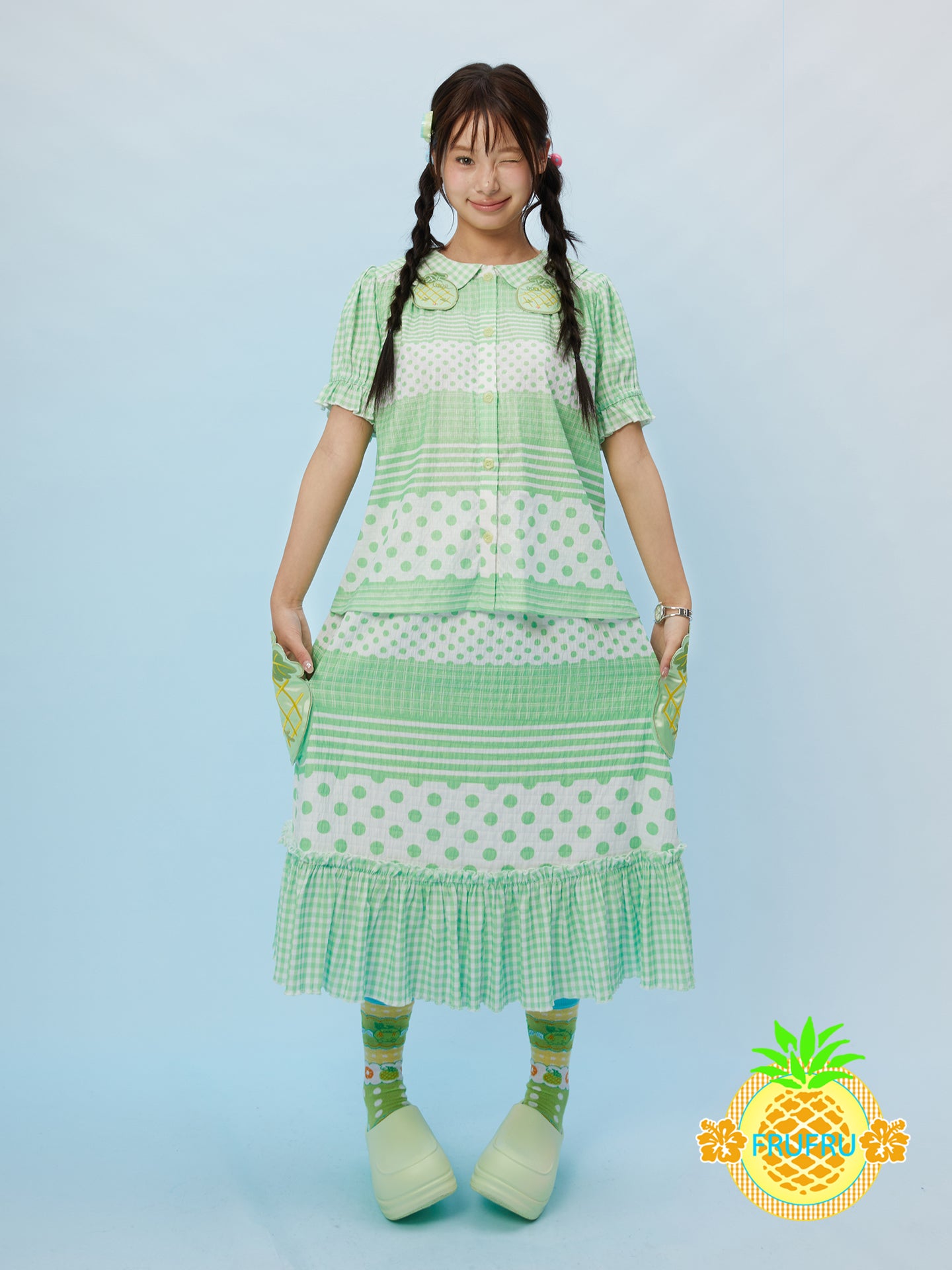 Melon Gingham Blouse & Skirt Set – Kawaii Collar Outfit – FruFru by Land Decora