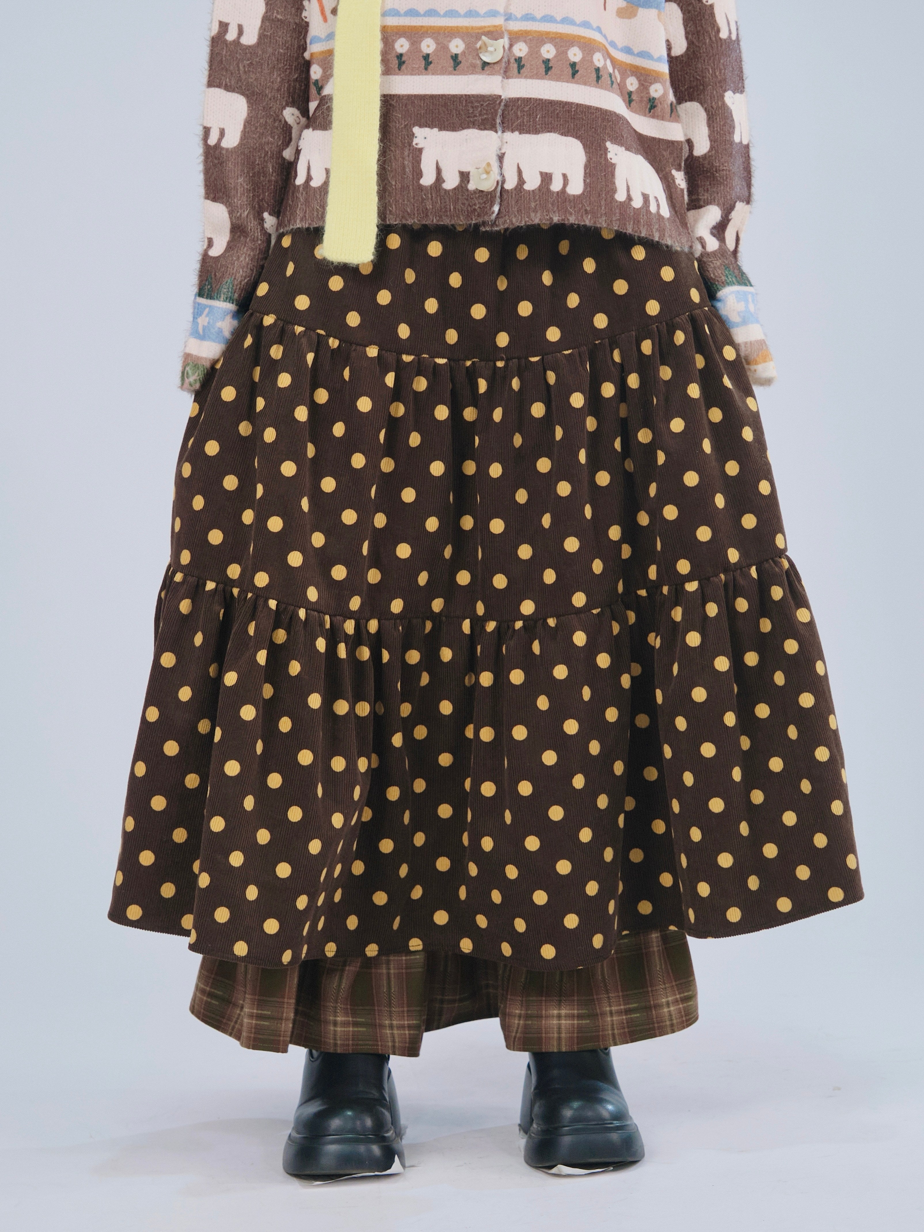Vintage Polka Dot Corduroy Layered A-Line High Waist Skirt - MeowMeow Bug by Land Decora
