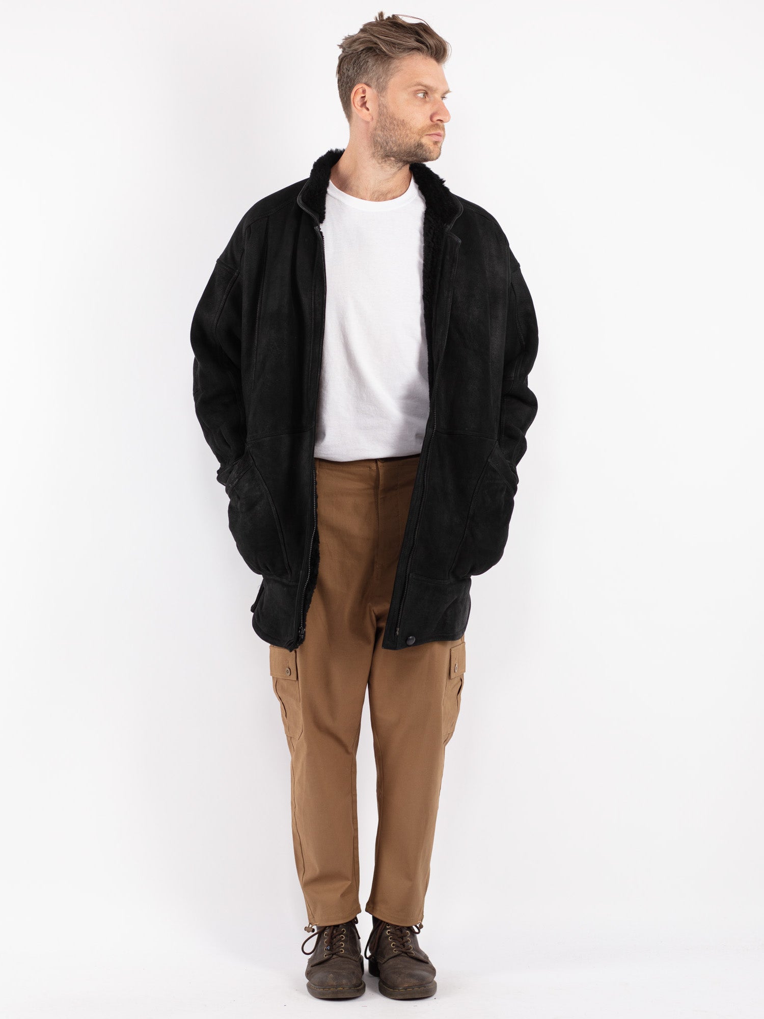 Vintage 80's Men Sheepskin Coat in Black by Northern Grip
