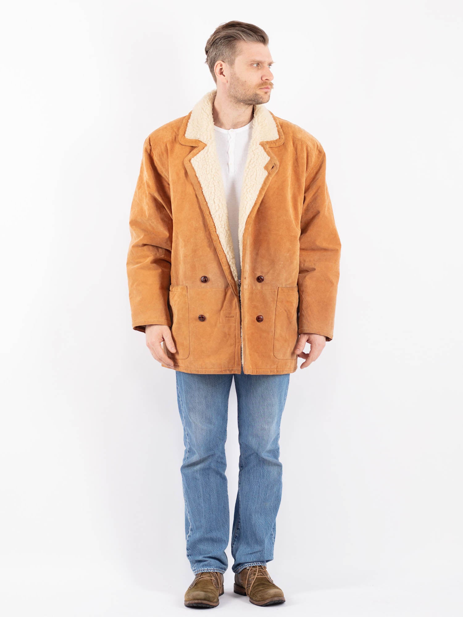 Vintage 90's Men Suede Sherpa Coat in Brown by Northern Grip