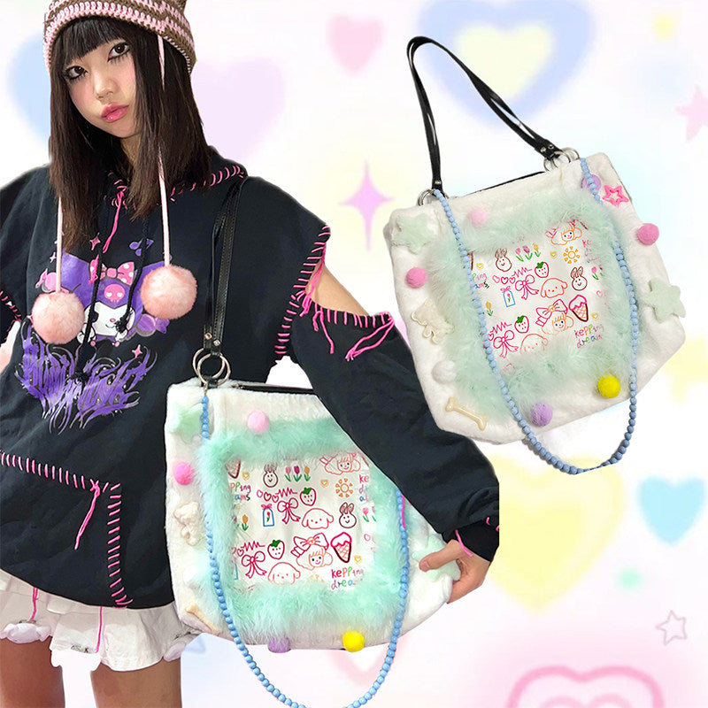 Kawaii Plush Pom Pom Tote Bag - Hottie by Land Decora