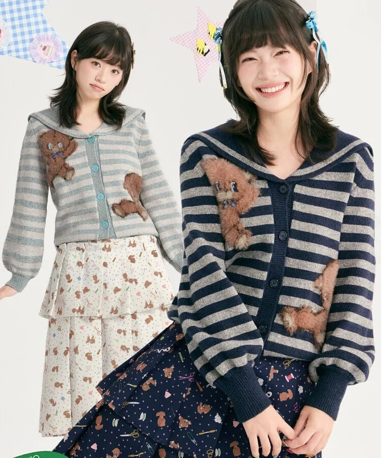 Kawaii Teddy Striped Knit Cardigan - tntntutu by Land Decora