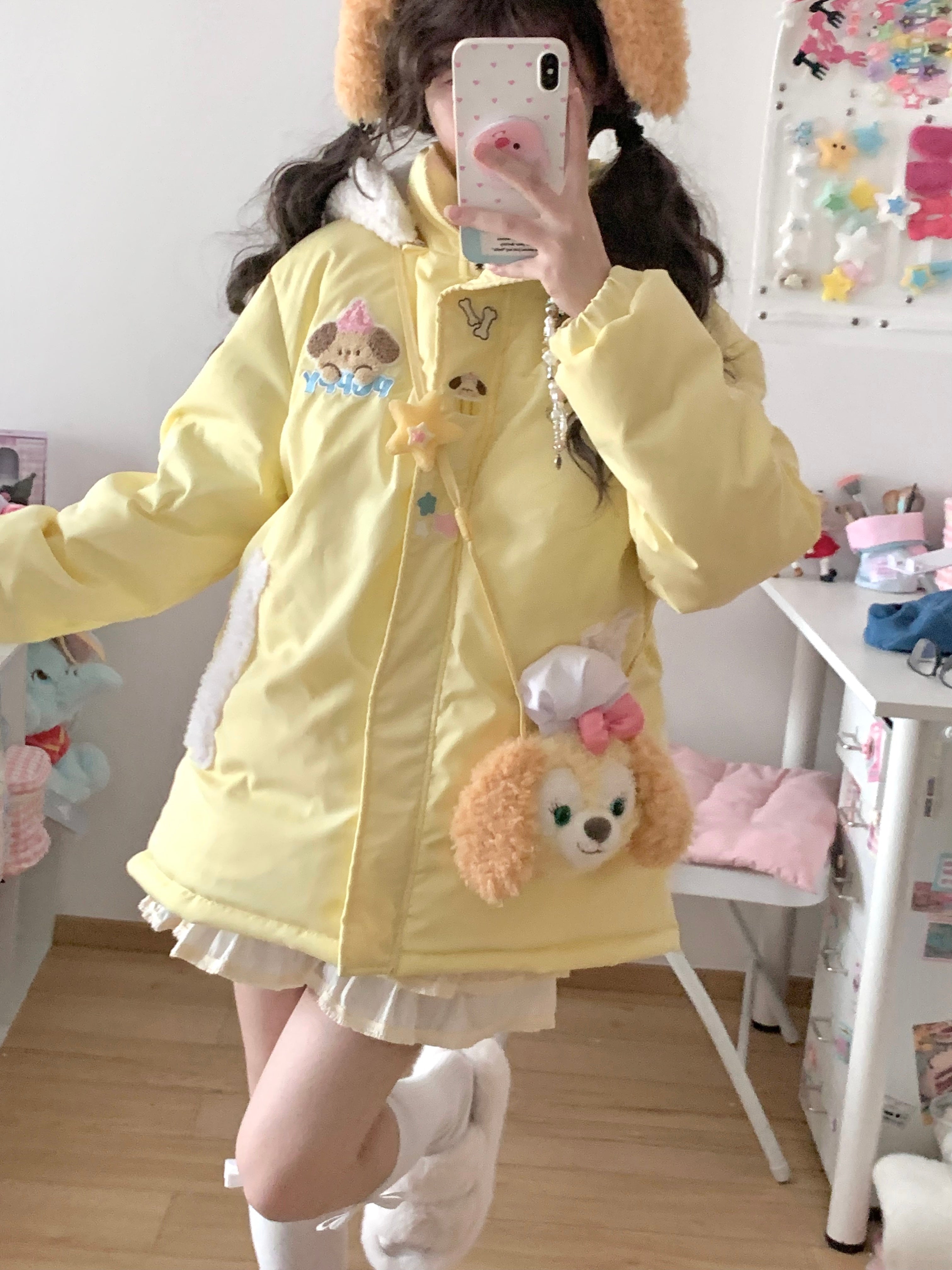 Kawaii Puppy Embroidered Down Jacket - Blurred Bear by Land Decora
