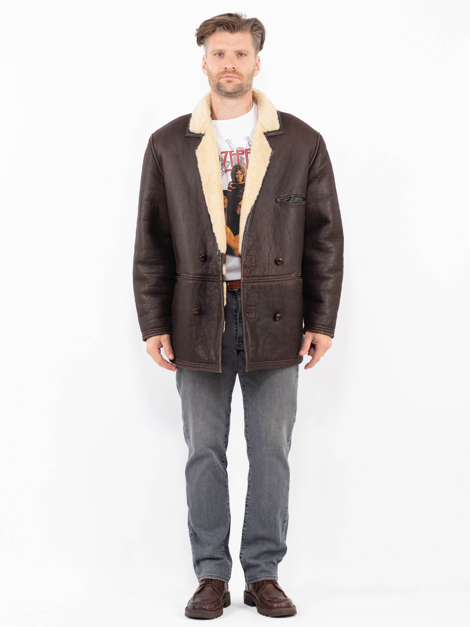 Vintage 80's Men Sheepskin Coat in Brown by Northern Grip