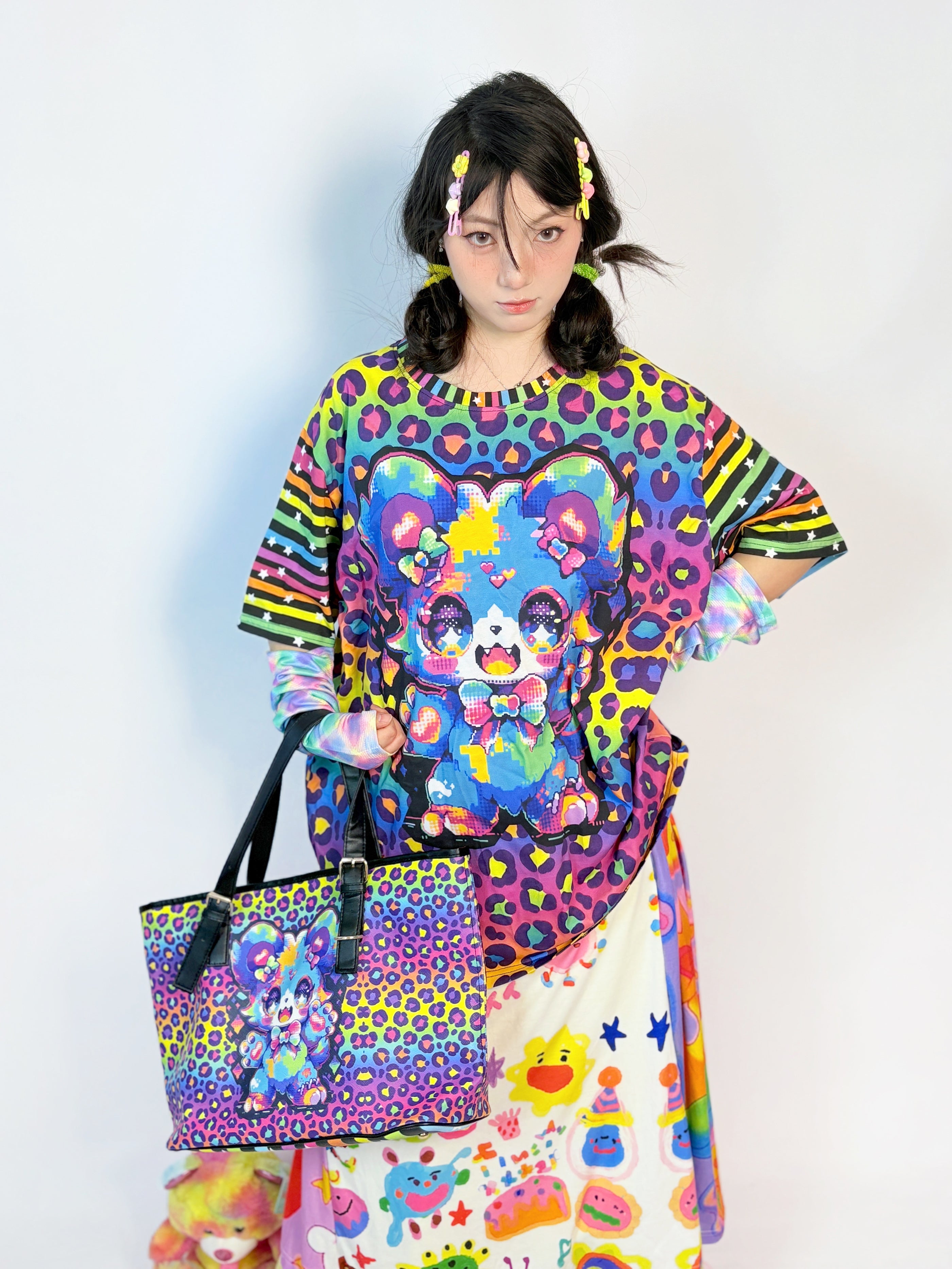 Decora Kei Rainbow Bear Cotton T-Shirt Oversized Colorful - LEERROO by Land Decora