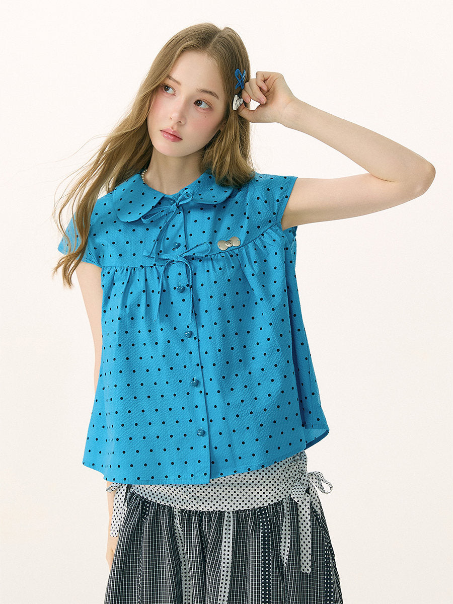 Blue Polka Dot Bow Shirt - ziziFei by Land Decora