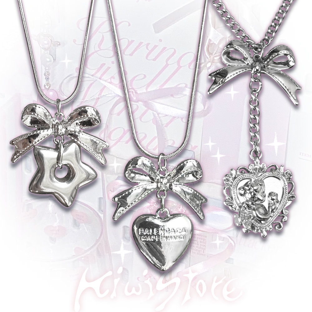 Y2K Ballerina Angel Ribbon Necklace - Alloy Bow Charm - Kiwi Store by Land Decora