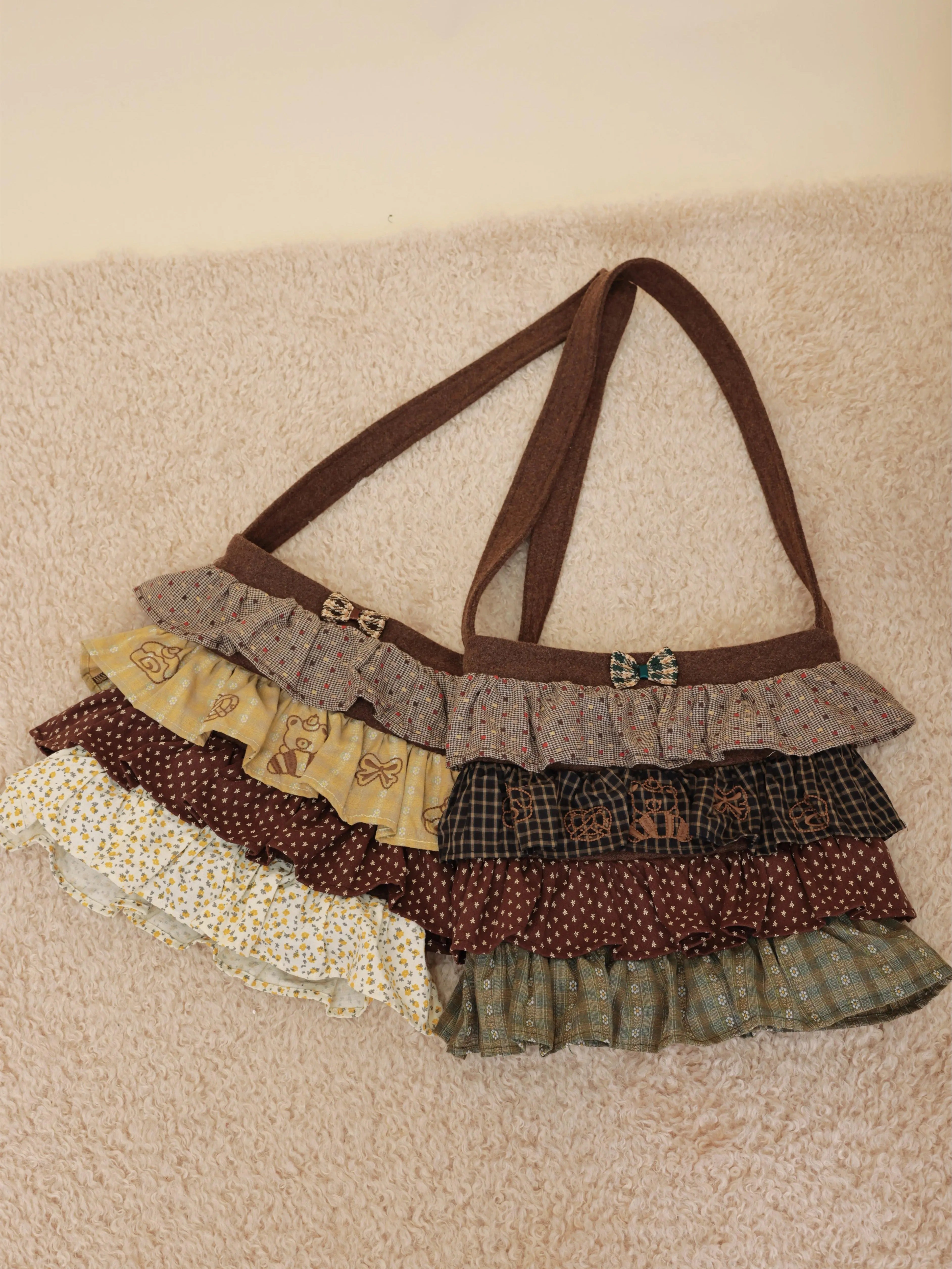 Kawaii Vintage Patchwork Plaid & Floral Wool Crossbody Bag - SemenCoicis by Land Decora