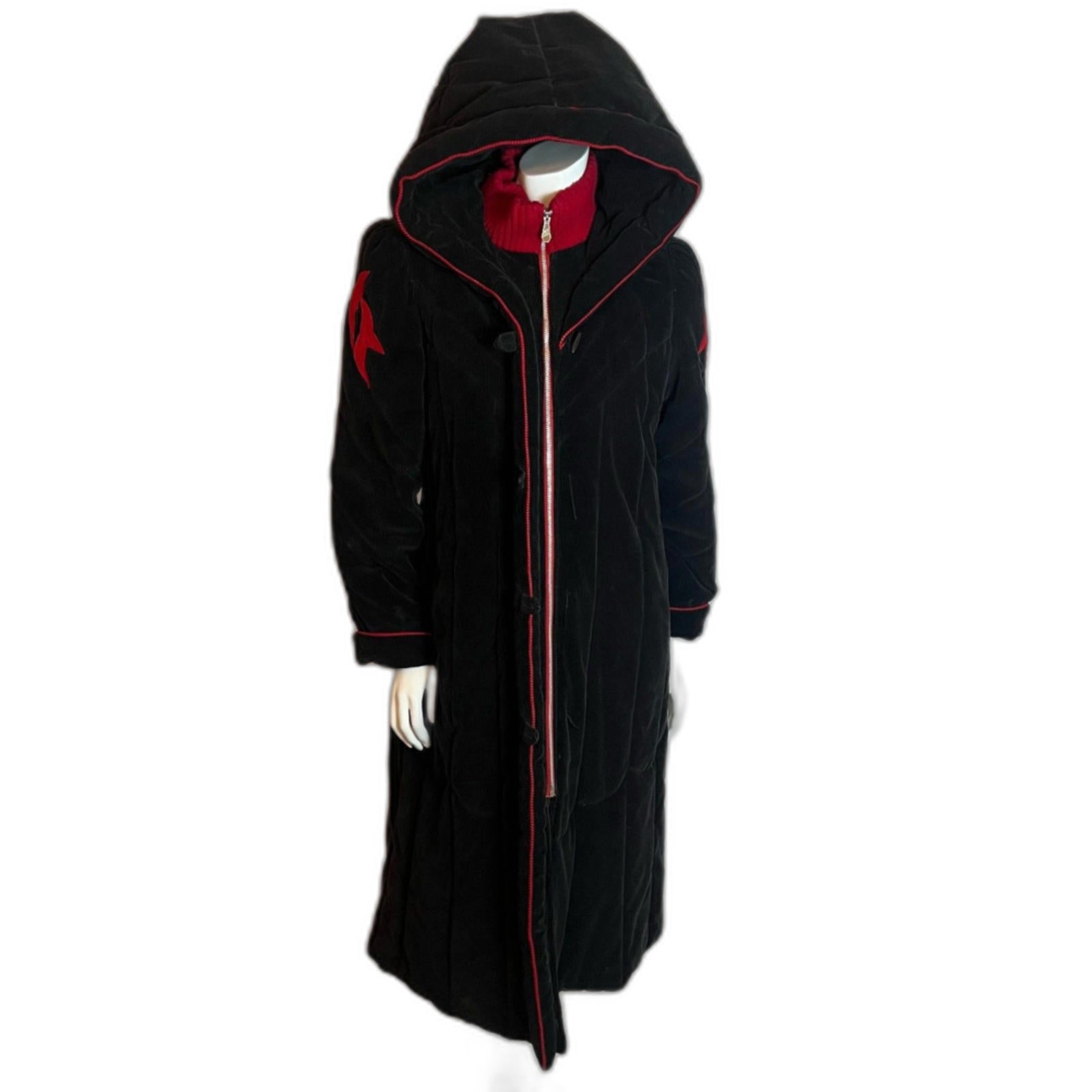 Vintage 1980s Dew-East Black and Red Corduroy Knee Length Jacket Goth by Hot Girl Secondhand