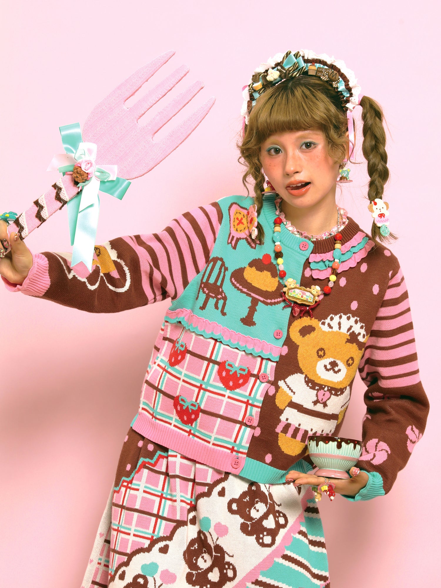 Kawaii Bear Lace Knit Cardigan Sweater - Lutra Jump by Land Decora