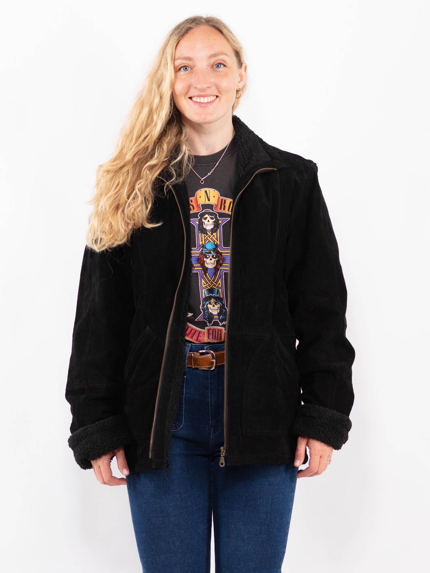 Vintage 90's Women Suede Sherpa Jacket in Black by Northern Grip