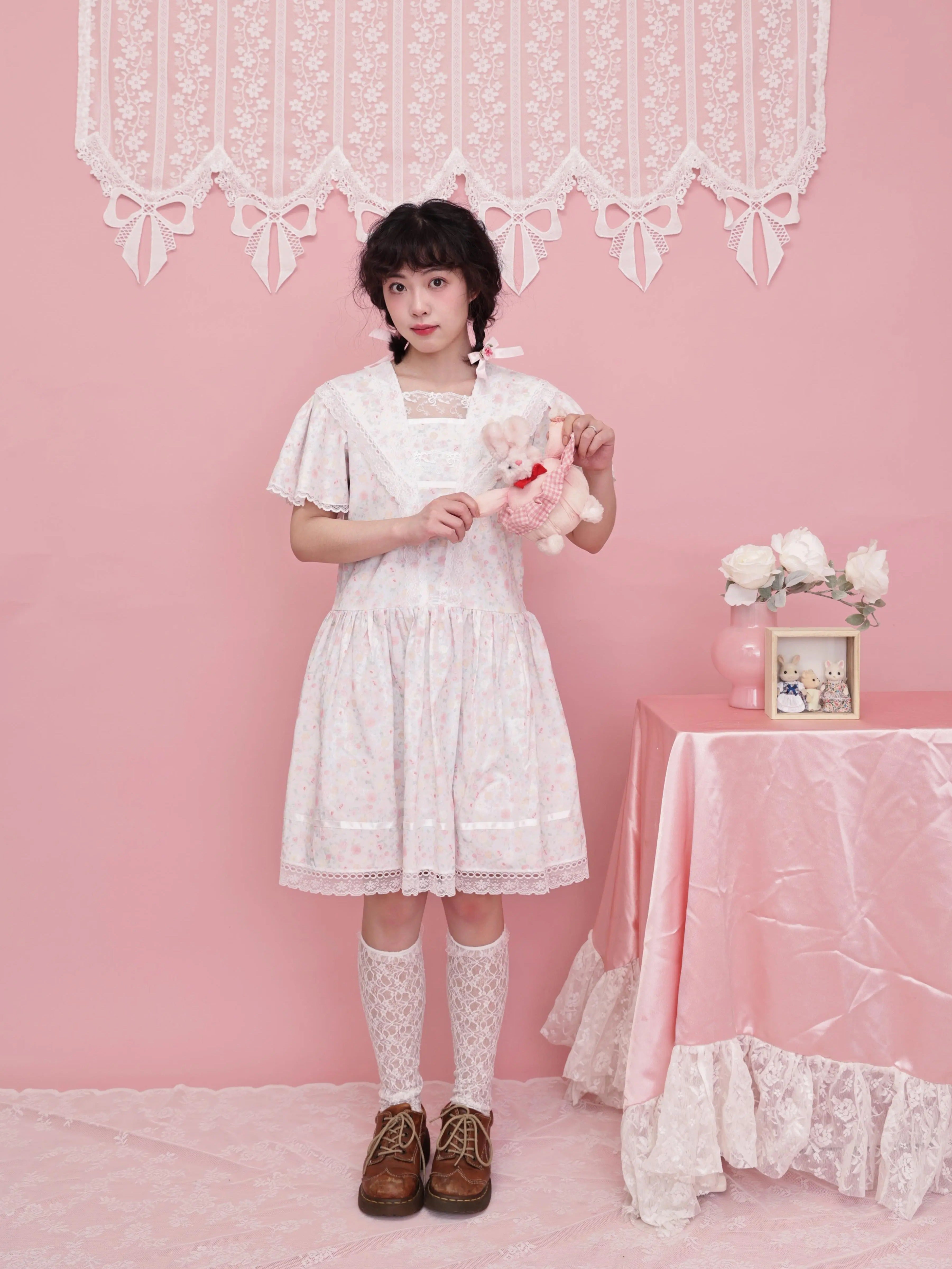 SemenCoicis – Vintage Rose Print Sailor Collar Lace Dress Retro Girl Style by Land Decora