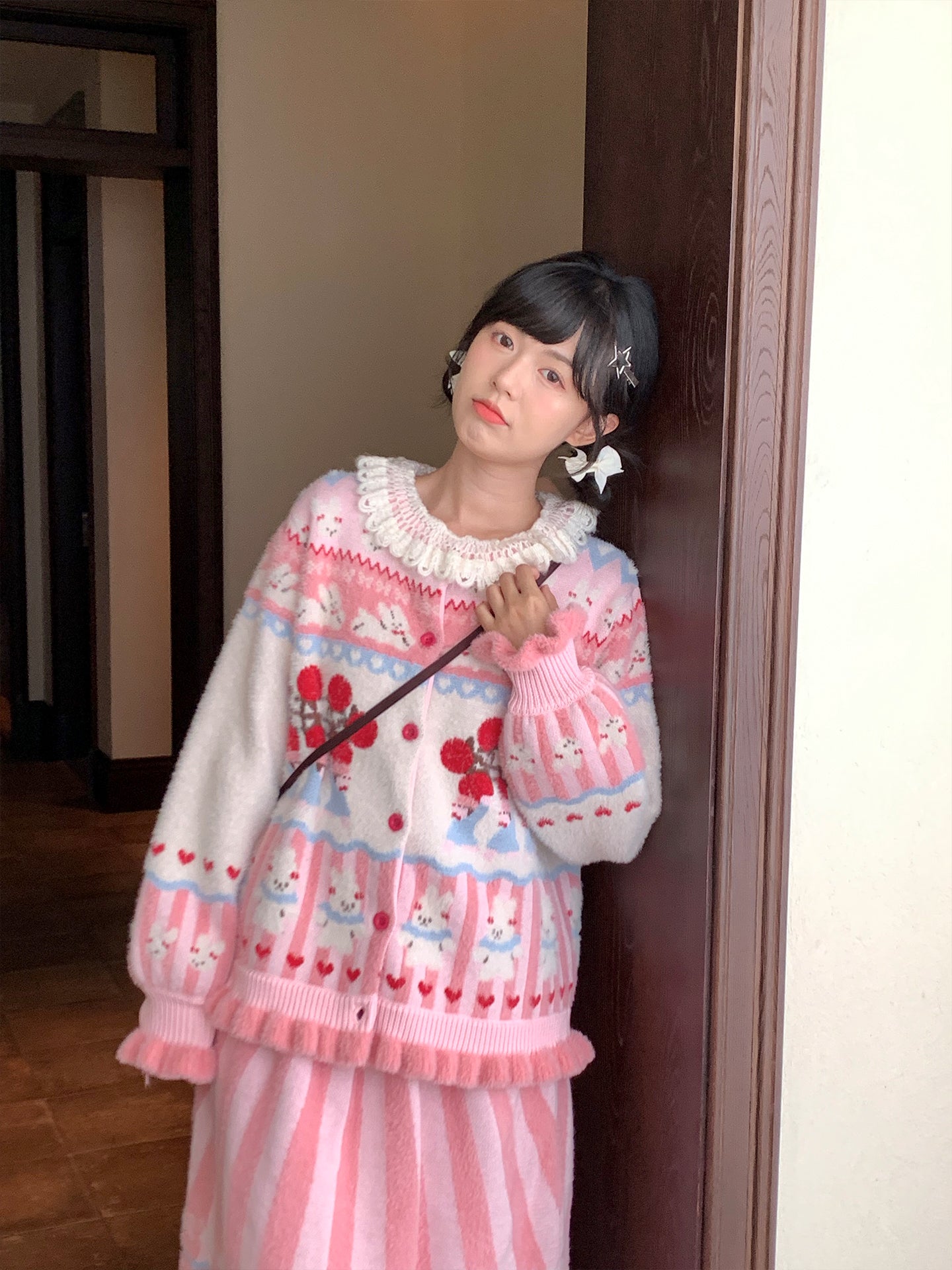 Decora Kei Pink Bunny Knit Cardigan Skirt Set Fluffy Soft Winter - Mameya by Land Decora