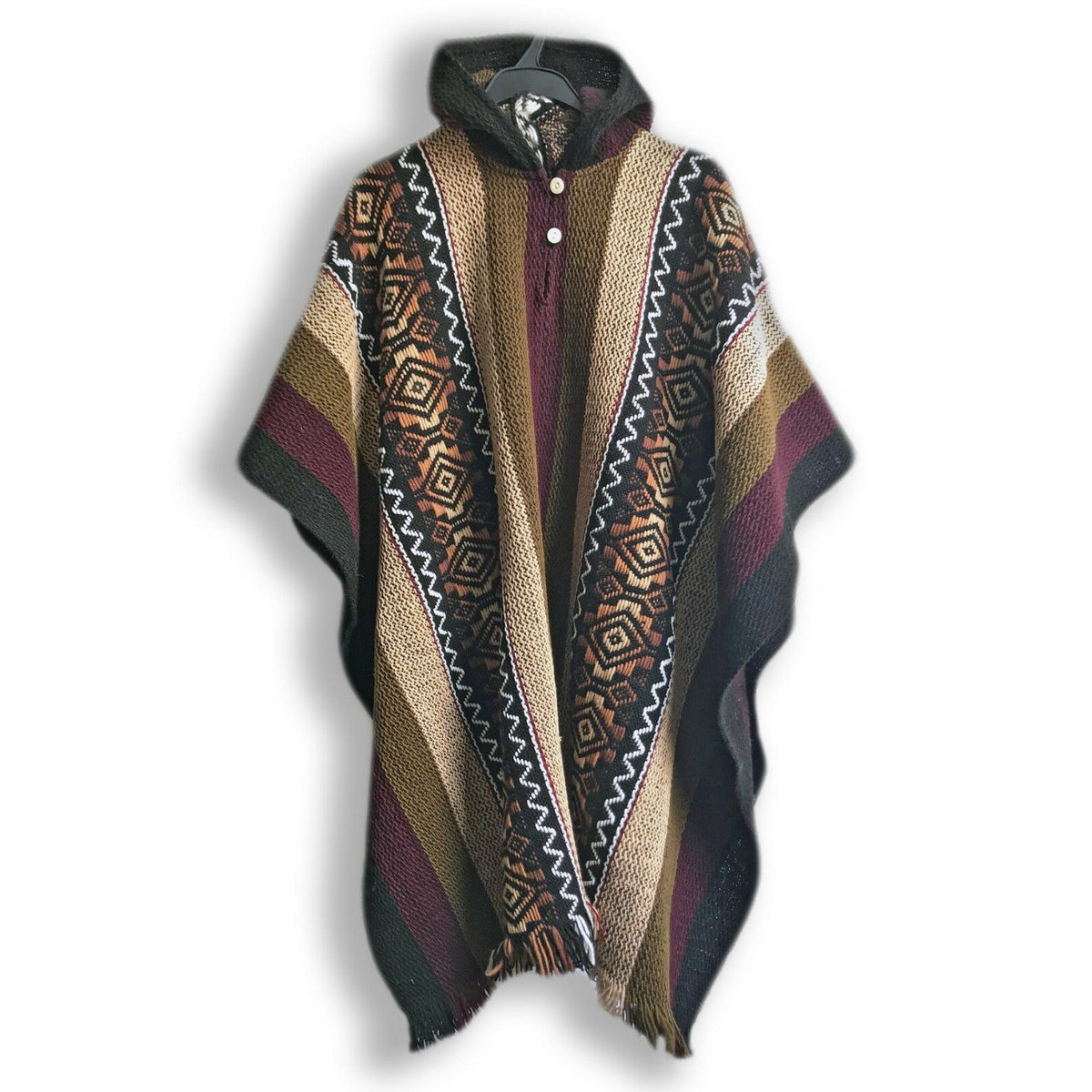 Llama Wool Unisex South American Handwoven Hooded Poncho - khaki/lilac by ECUALAMA
