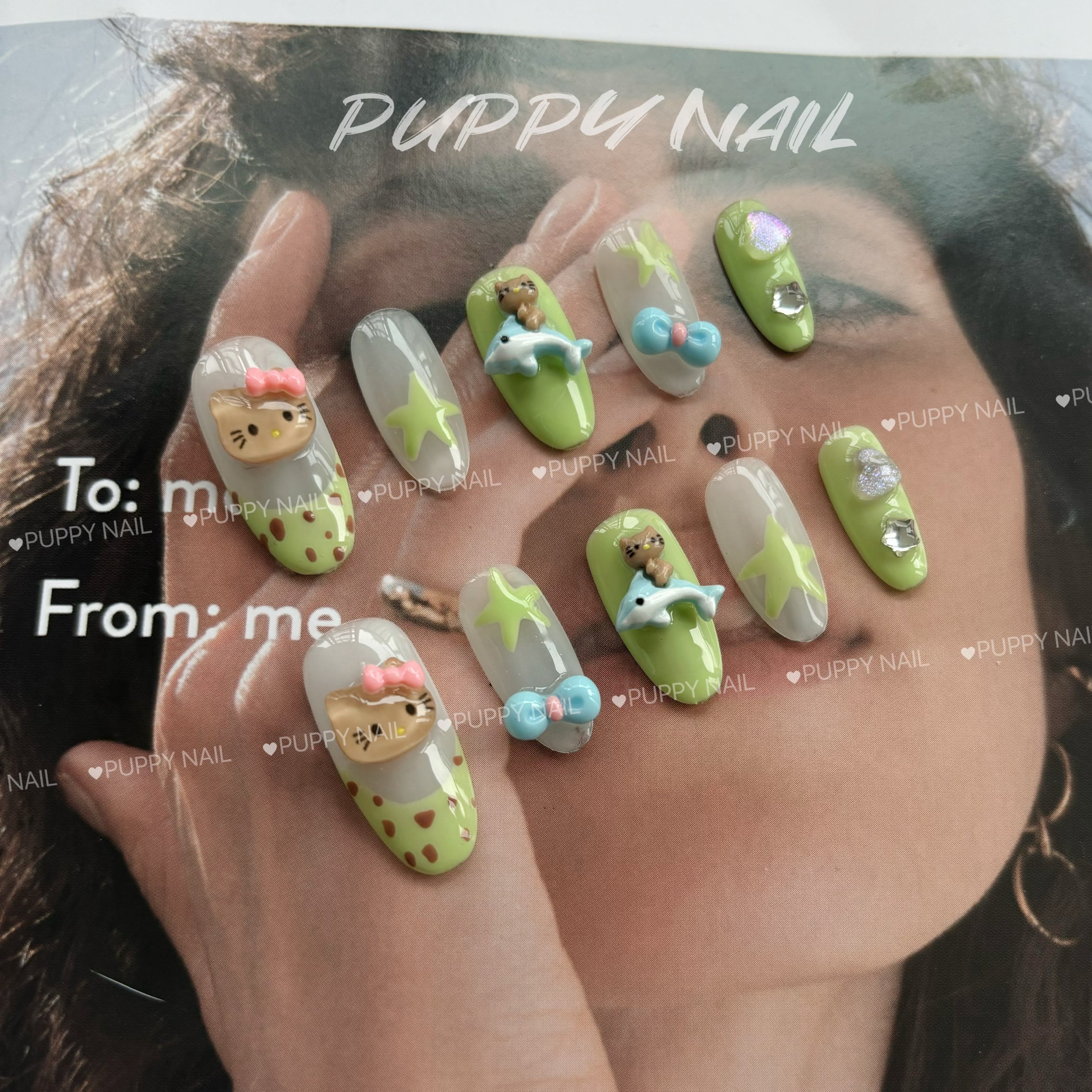 Puppy French Long Oval Green Dopamine Nails | Cute Kitty Leopard Print for Bold Look by Land Decora