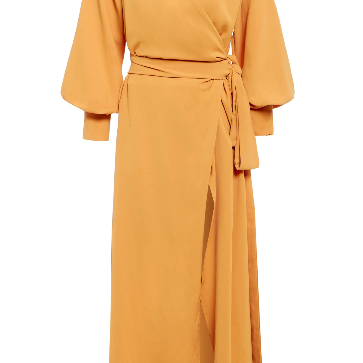 Mustard Wrap Dress With Tie Waist & Balloon Sleeves By Sarvin by Sarvin