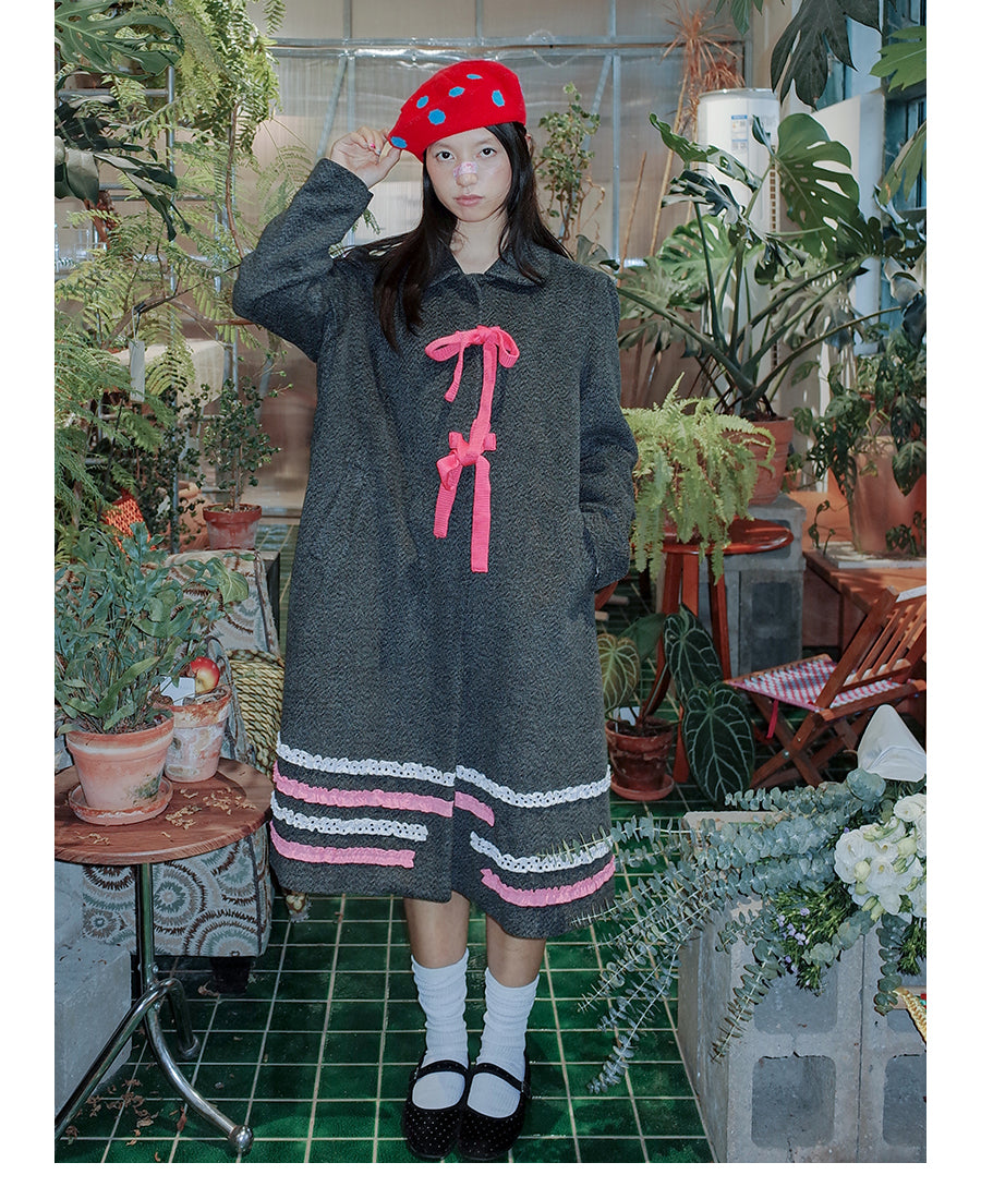 Kawaii Bow Dot Wool Coat - UnsocialNight by Land Decora