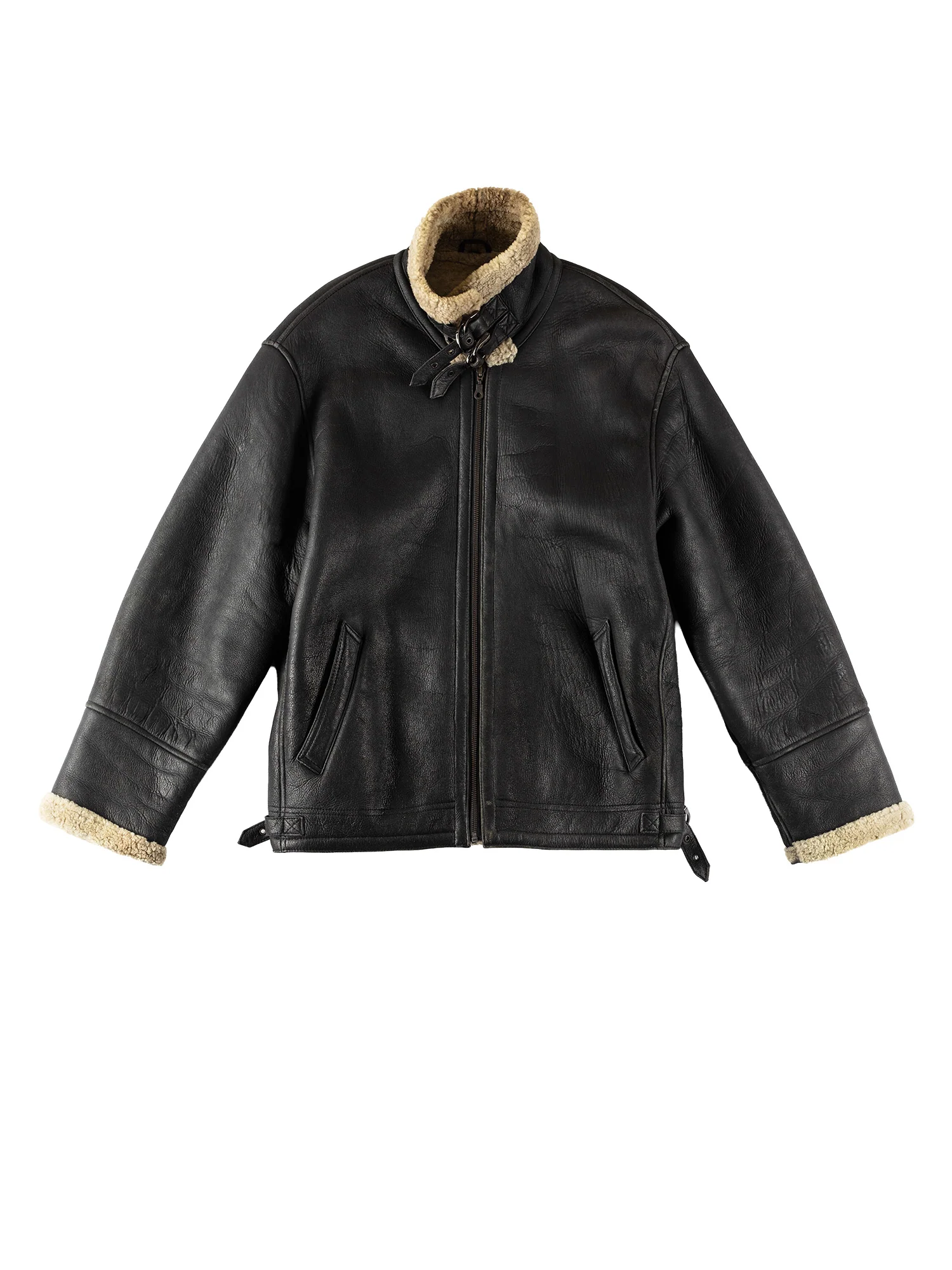 Vintage 80's Men B-3 Style Sheepskin Aviator Bomber Jacket in Black by Northern Grip