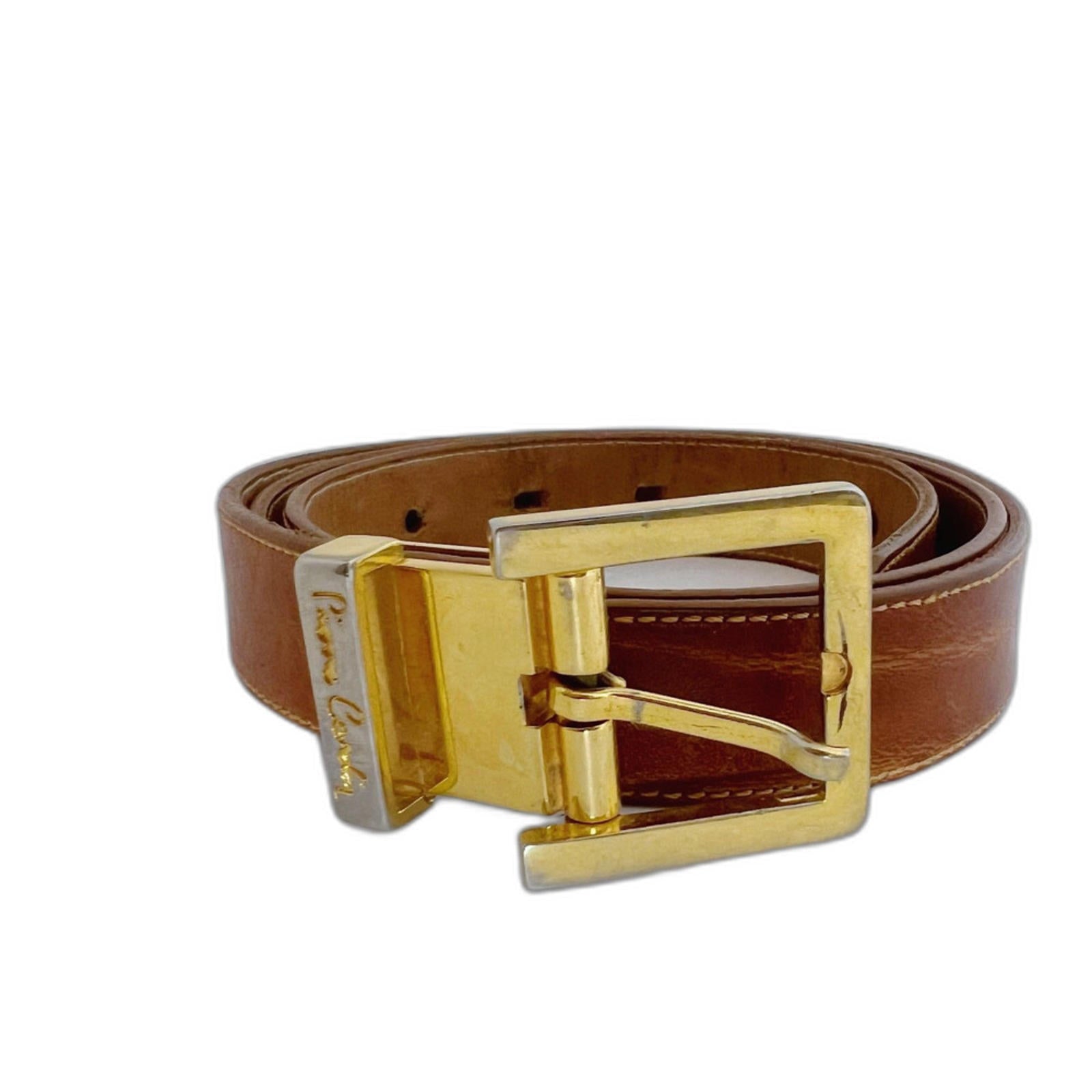 Pierre Cardin Vintage Cognac Brown Leather Skinny Belt Gold Hardware S by Hot Girl Secondhand