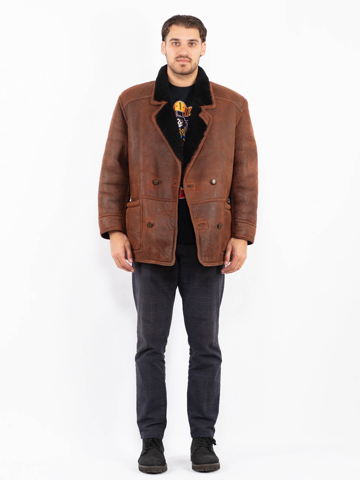 Vintage 80's Men Sheepskin Shearling Coat in Brown by Northern Grip