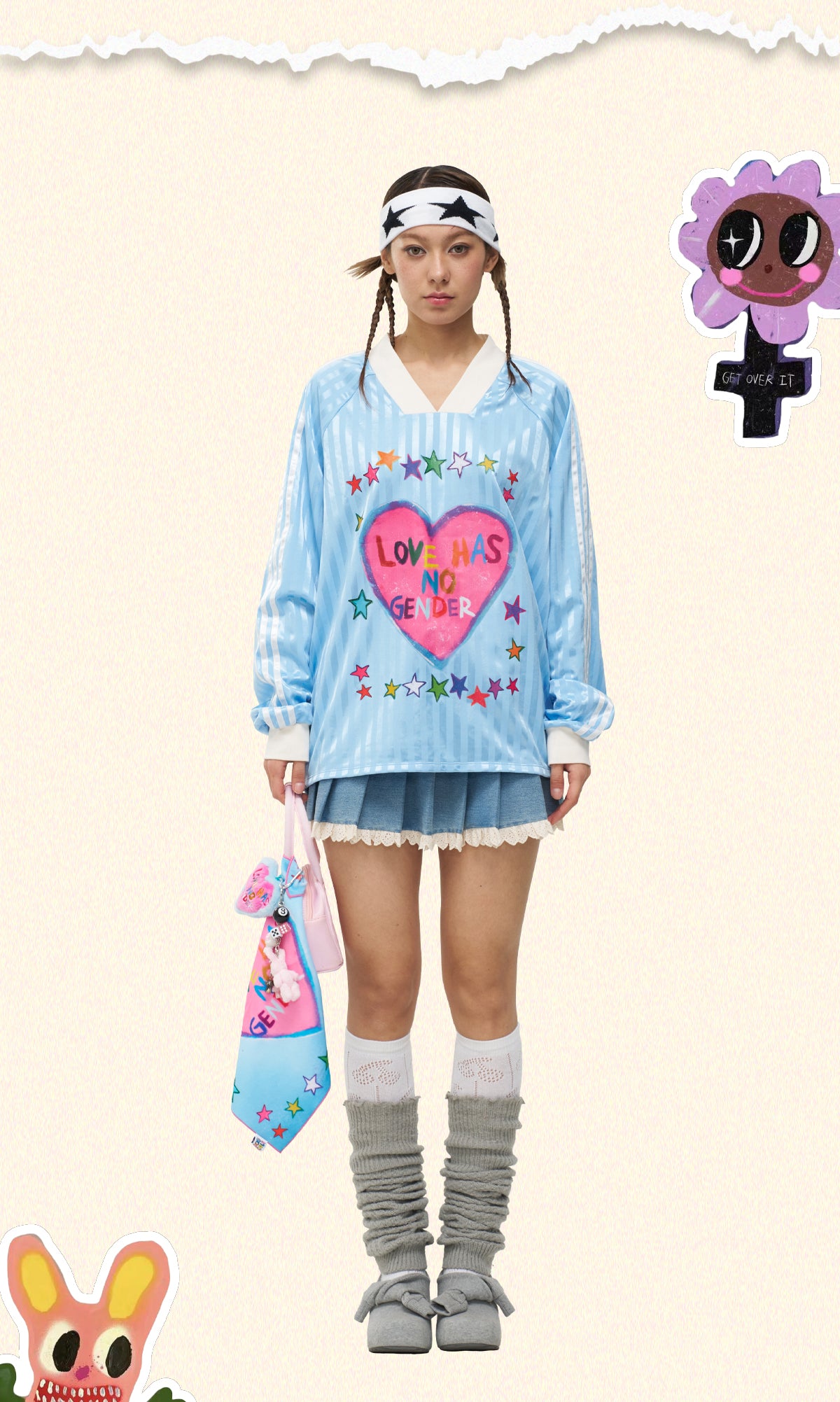 Vintage Baseball Long Sleeve Tee Pink Heart Blue Stripe - iscreamcolour MOF by Land Decora