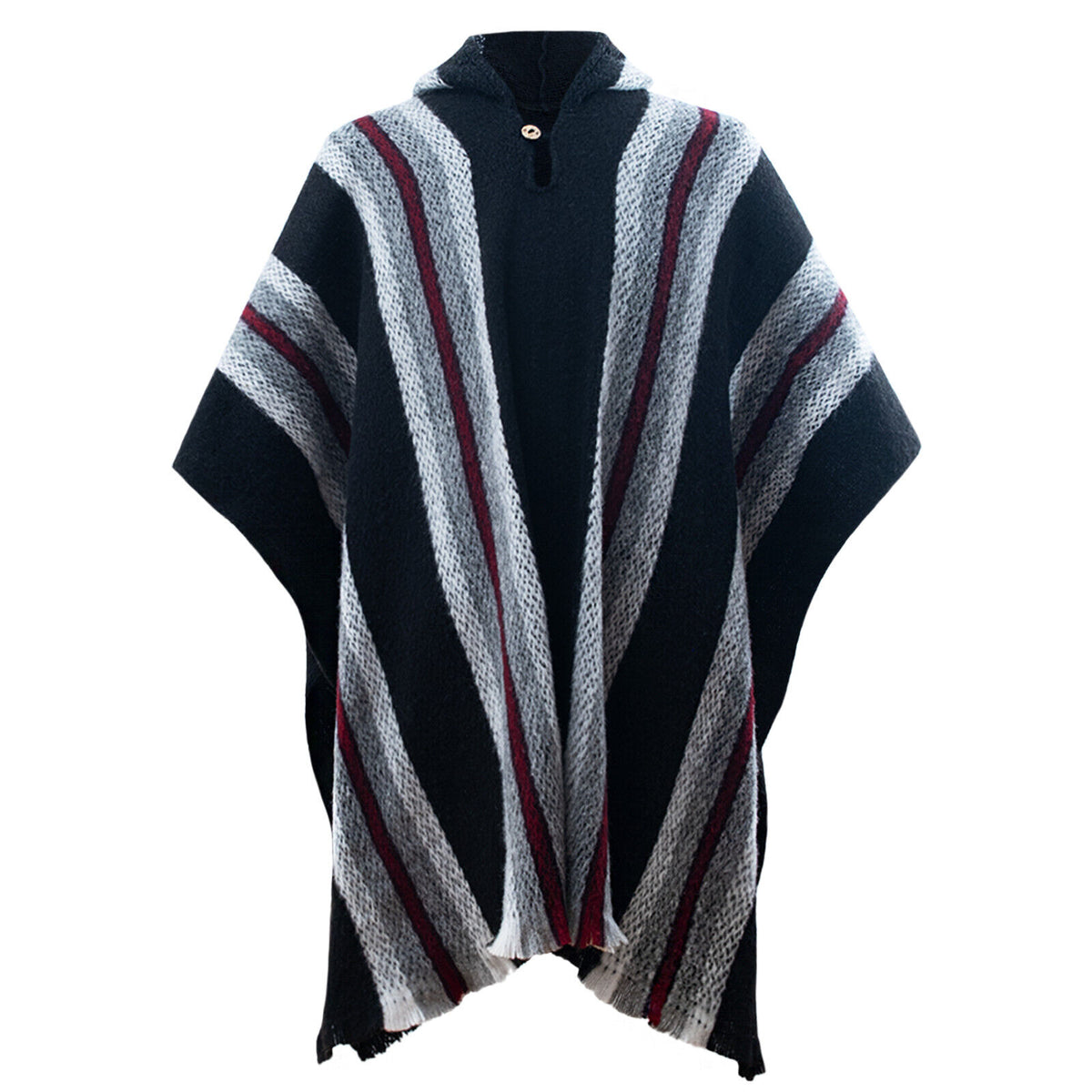 Llama Wool Unisex South American Handwoven Hooded Poncho - black striped by ECUALAMA