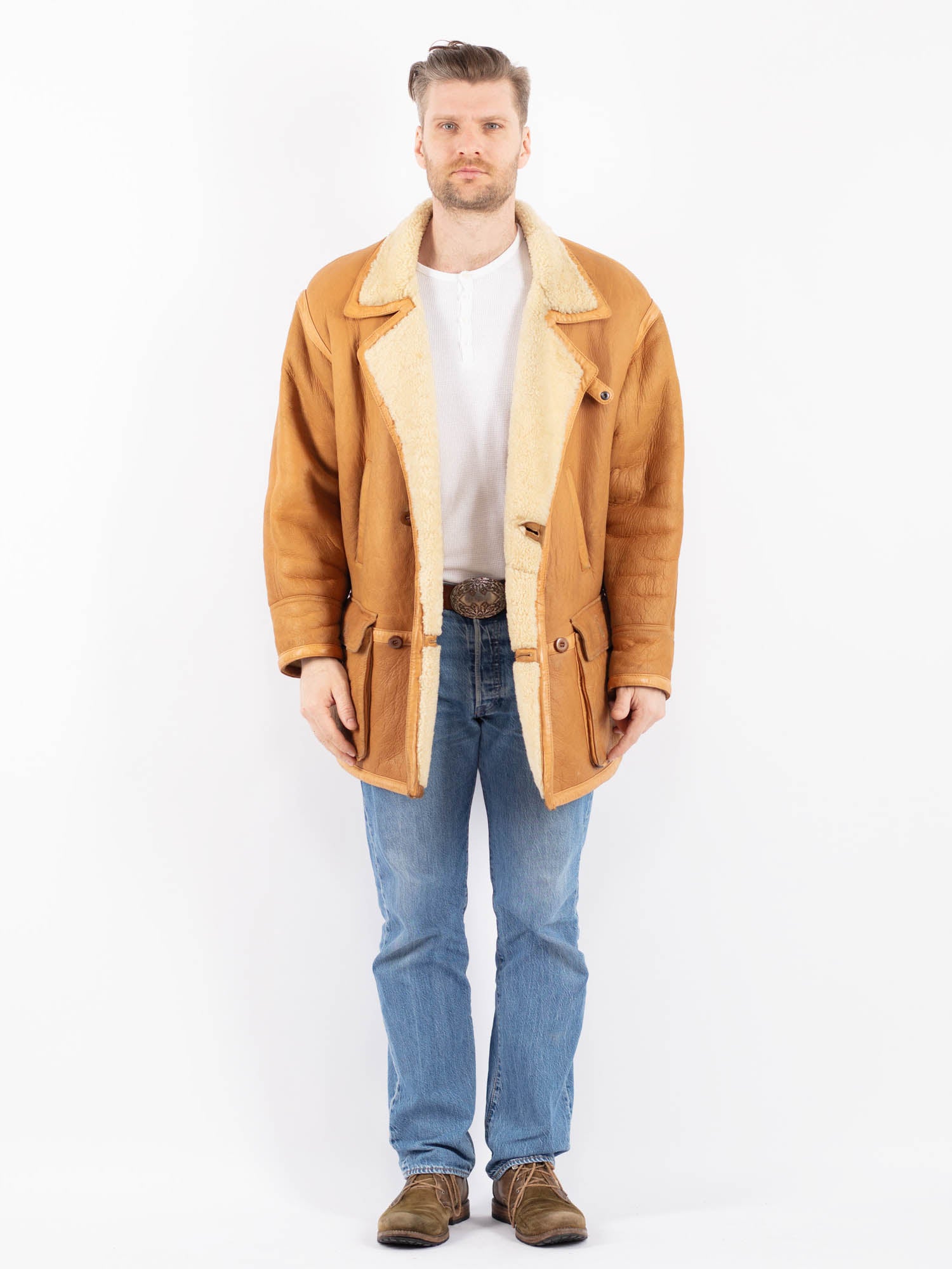 Vintage 80's Men Sheepskin Coat in Brown by Northern Grip