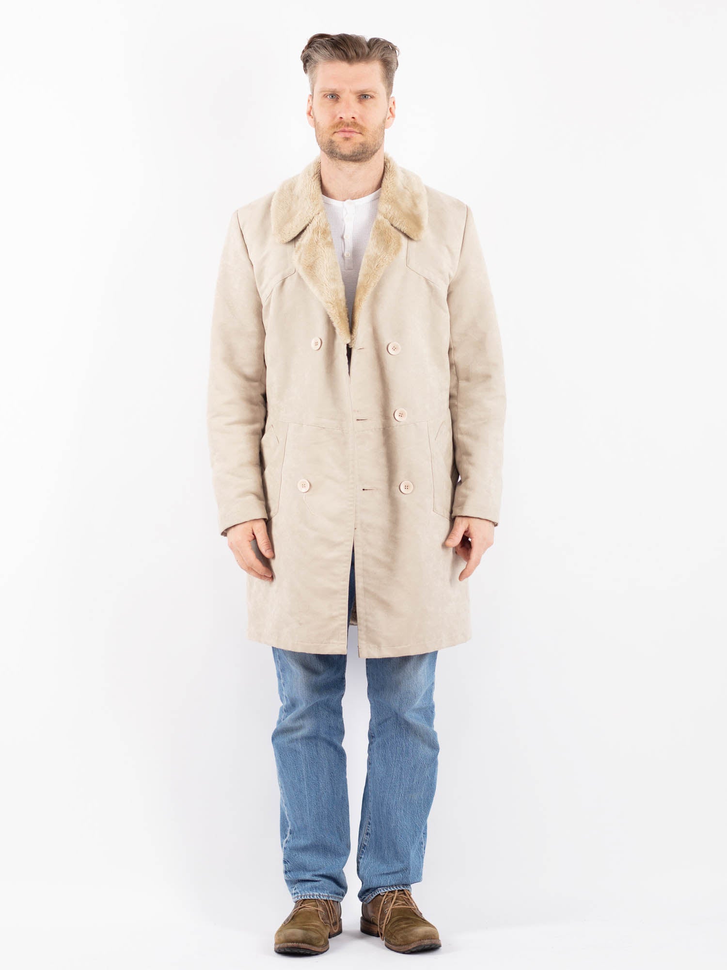 Vintage 90's Men Faux Sheepskin Coat in Beige by Northern Grip