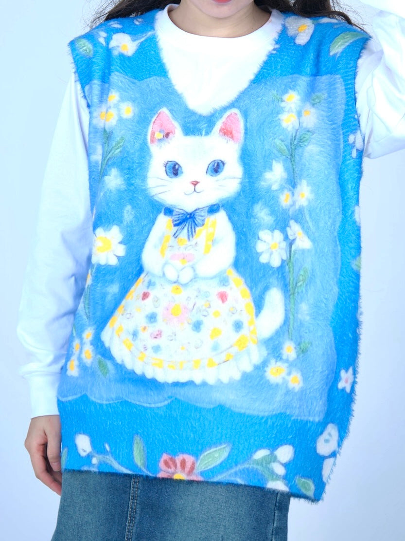 MeowMeow Bug Decora Kei Cat Wreath Knit Vest | Kawaii Faux Mink Sweater by Land Decora