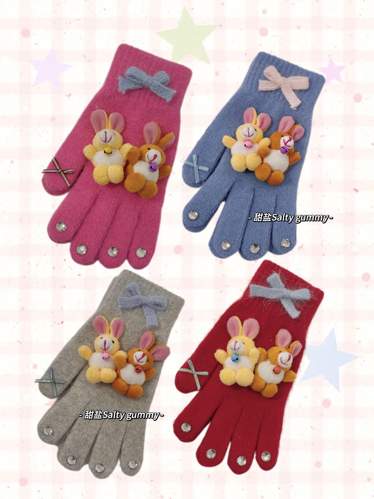 Decora Kei Plush Bear Bow Gloves Touchscreen Fuzzy Winter - Salty Gummy by Land Decora