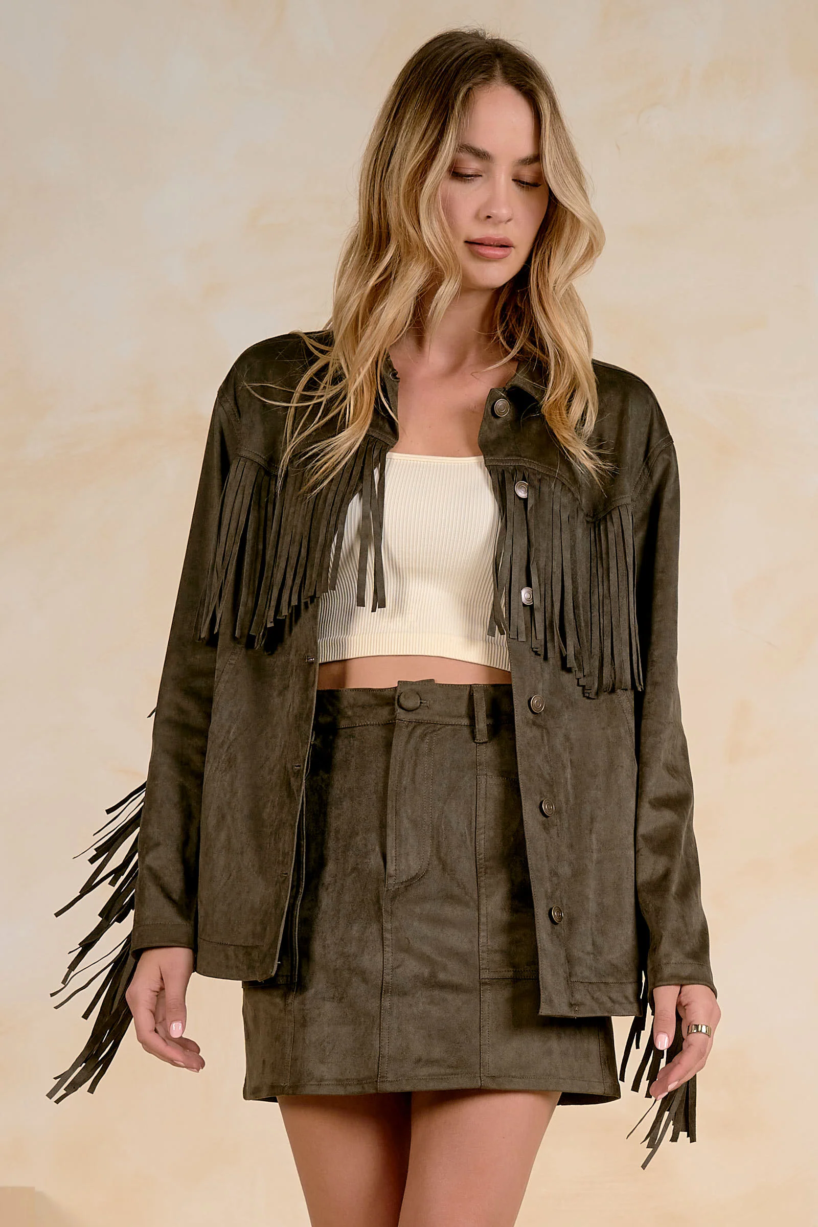Elan Faux Leather Fringe Jacket by Sierra Deene