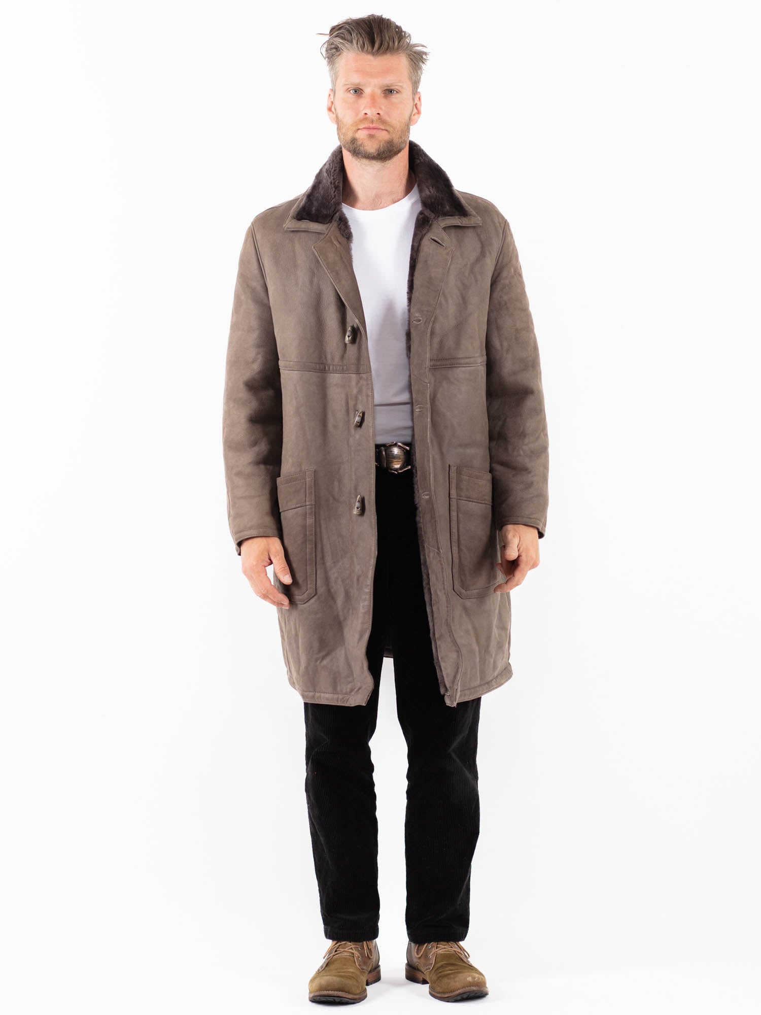 Vintage 80's Men Sheepskin Coat in Gray by Northern Grip