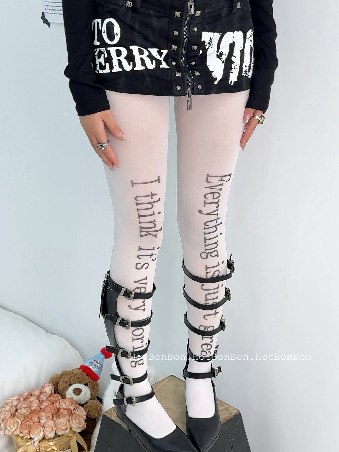 Y2K Letter Print Tights - Hot BonBon by Land Decora
