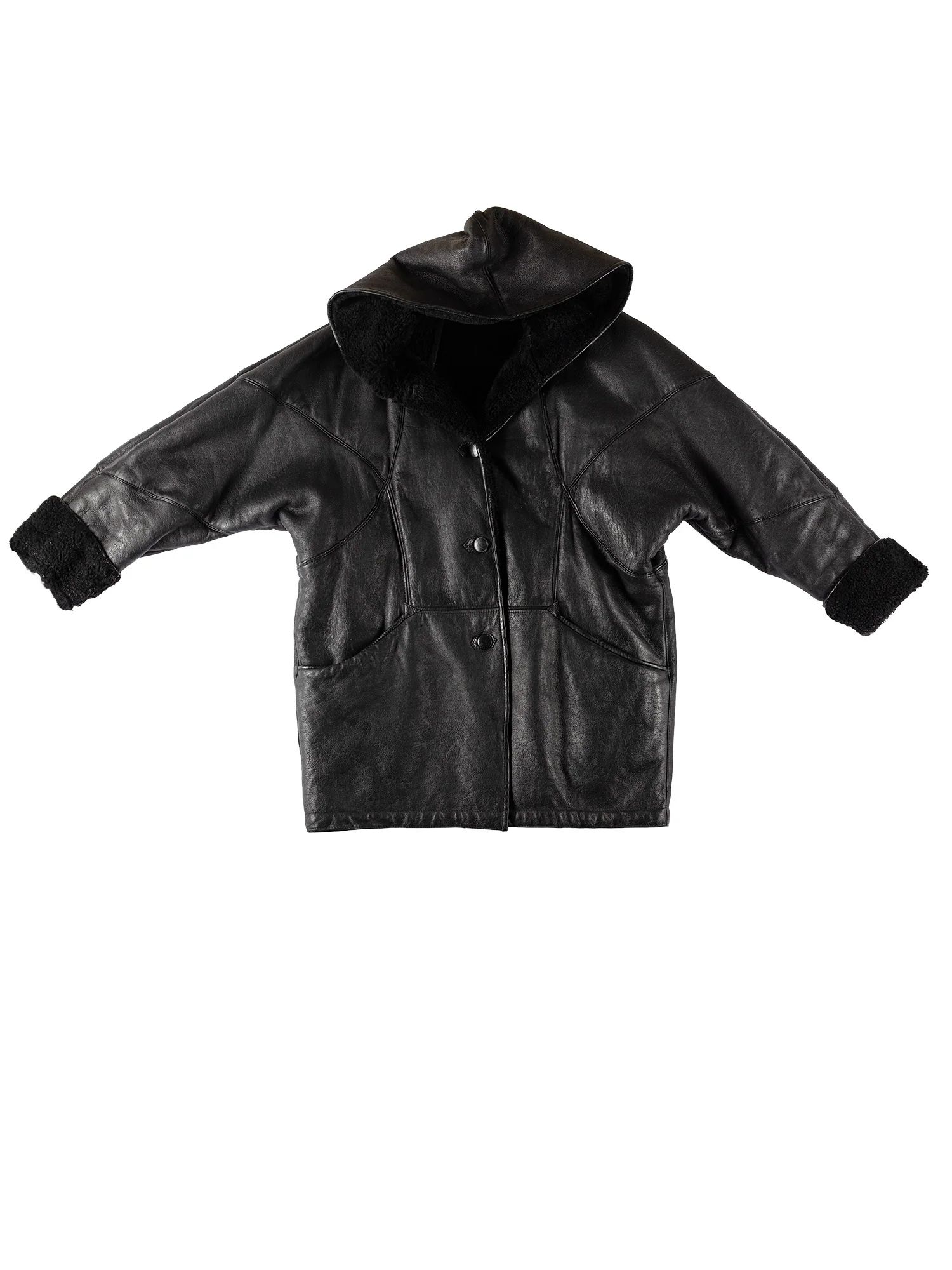 Vintage 80's Women Hooded Sheepskin Coat in Black by Northern Grip