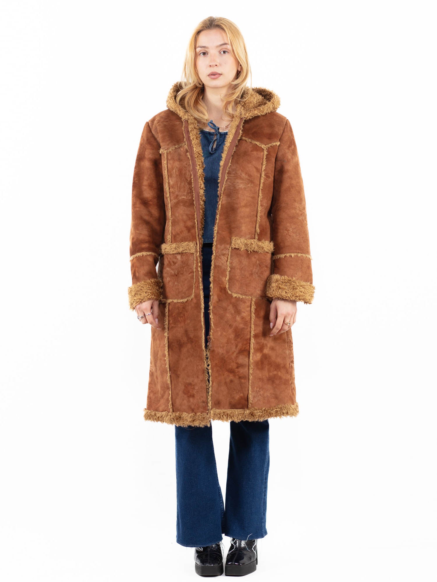 Vintage 00's Women Faux Sheepskin Coat in Brown by Northern Grip