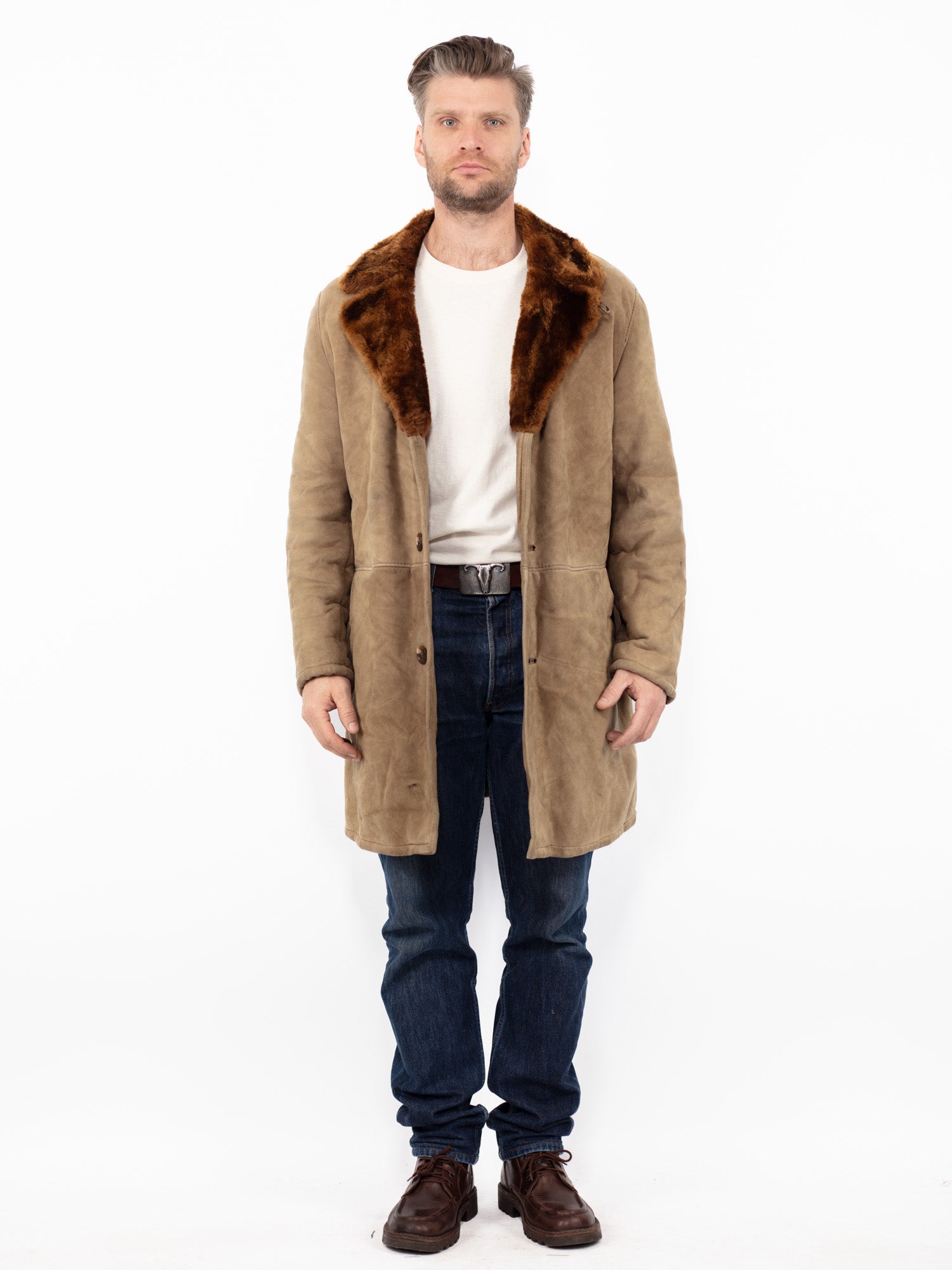 Vintage 70's Men Sheepskin Coat in Beige by Northern Grip