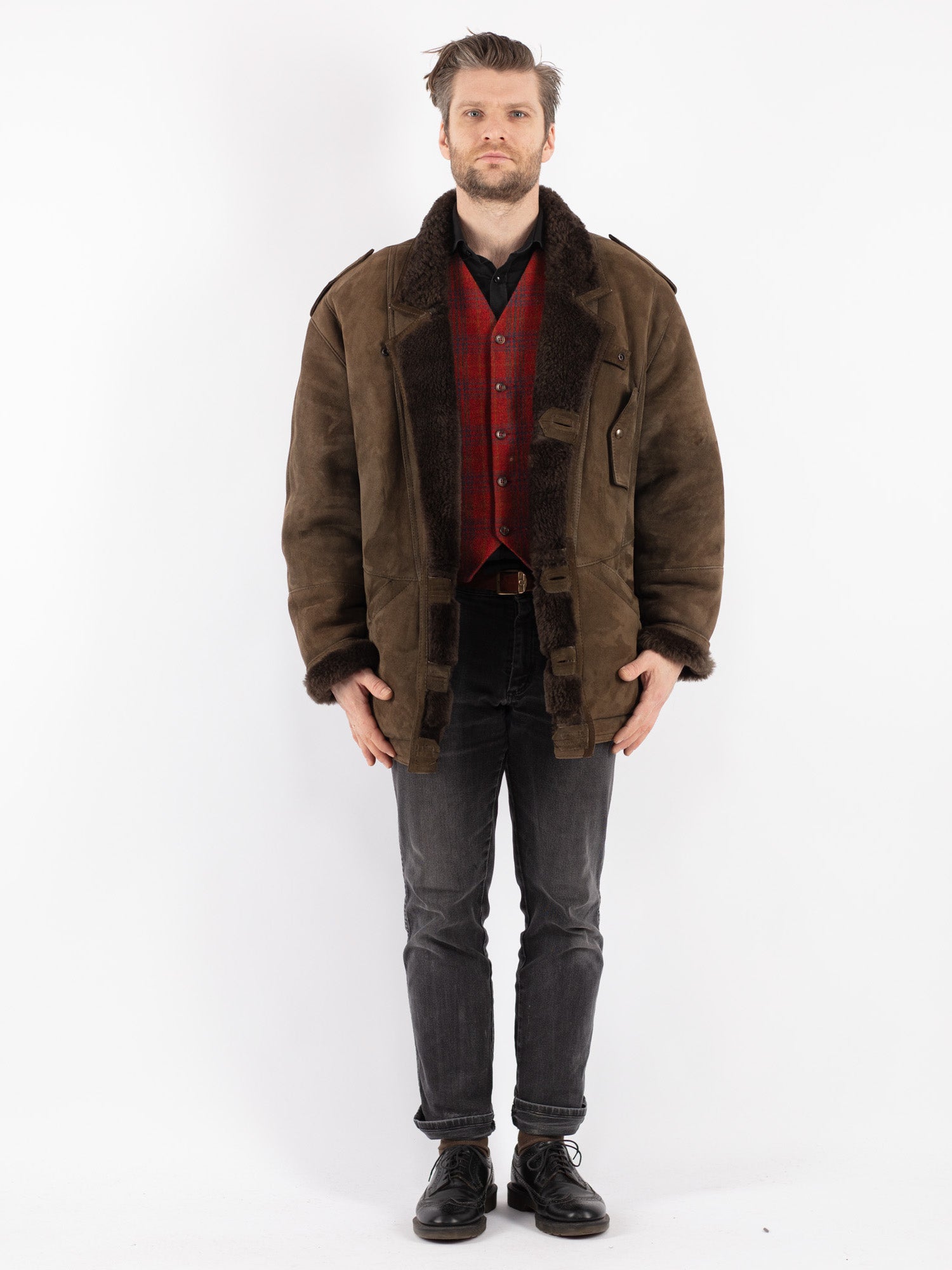 Vintage 80's Men Sheepskin Coat in Brown by Northern Grip