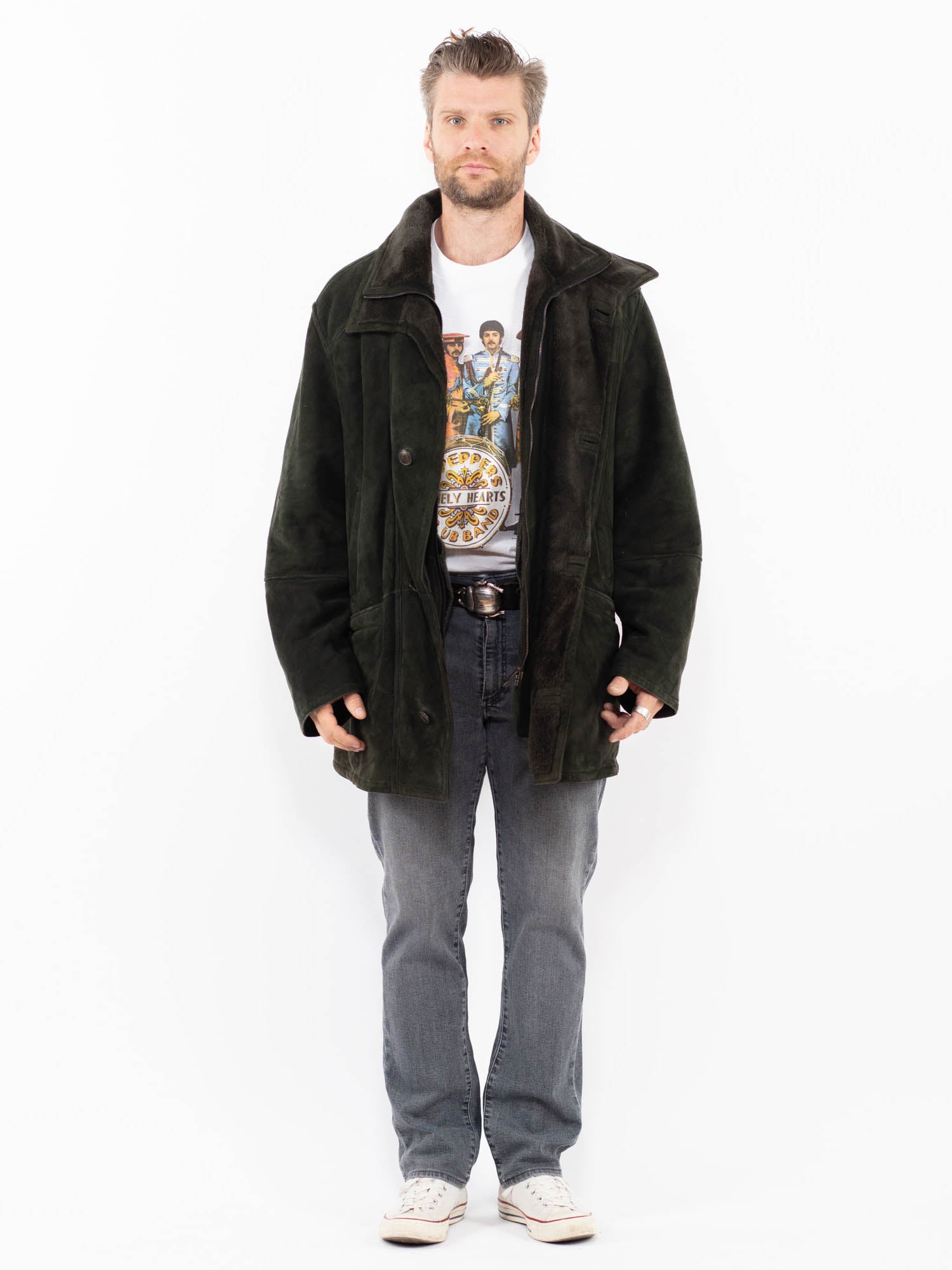 Vintage 90's Men Sheepskin Coat in Green by Northern Grip