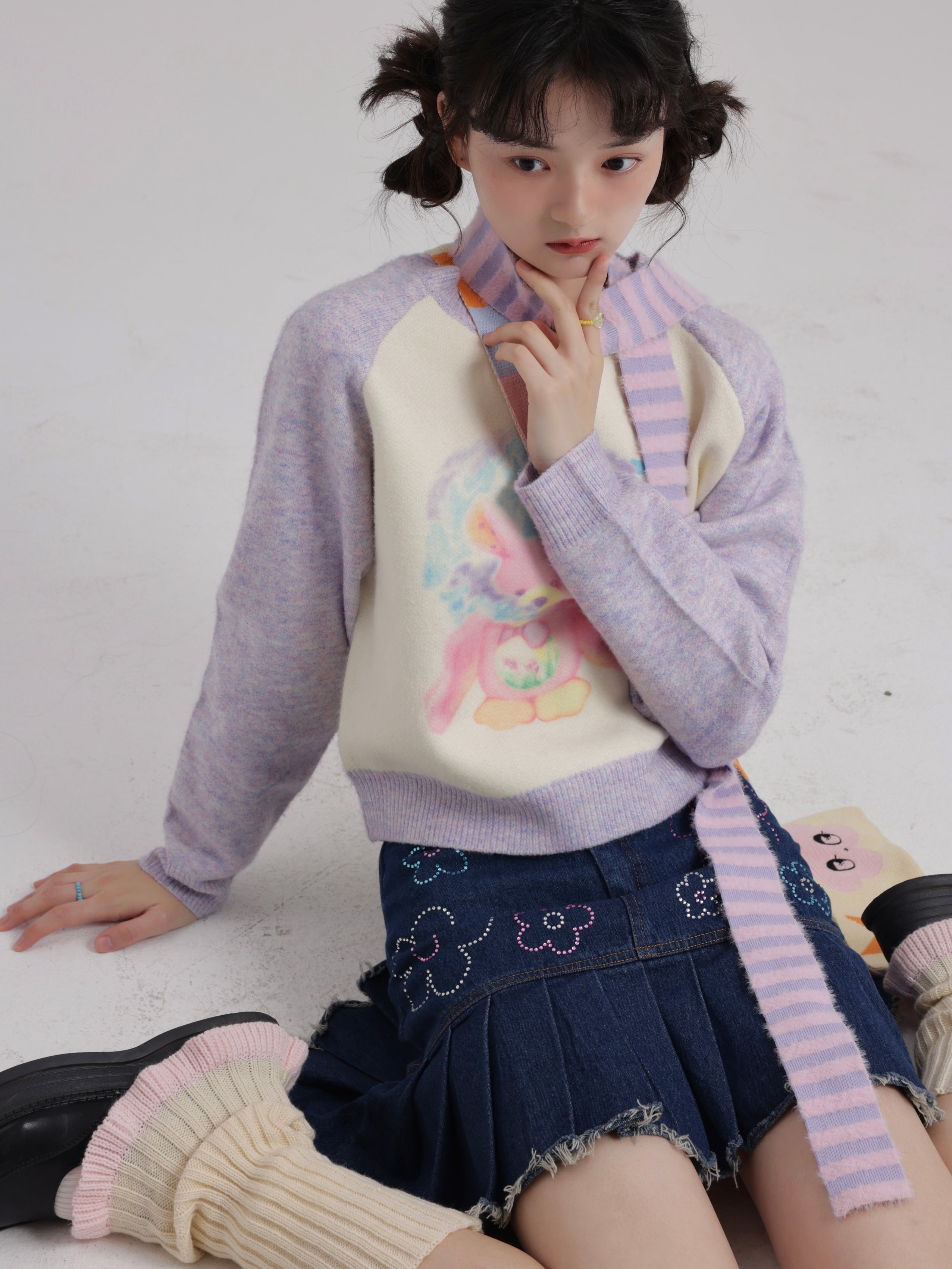 Harajuku Sweater Color-Block Cute Print Raglan Sleeve Scarf – KaiXin Hostel by Land Decora
