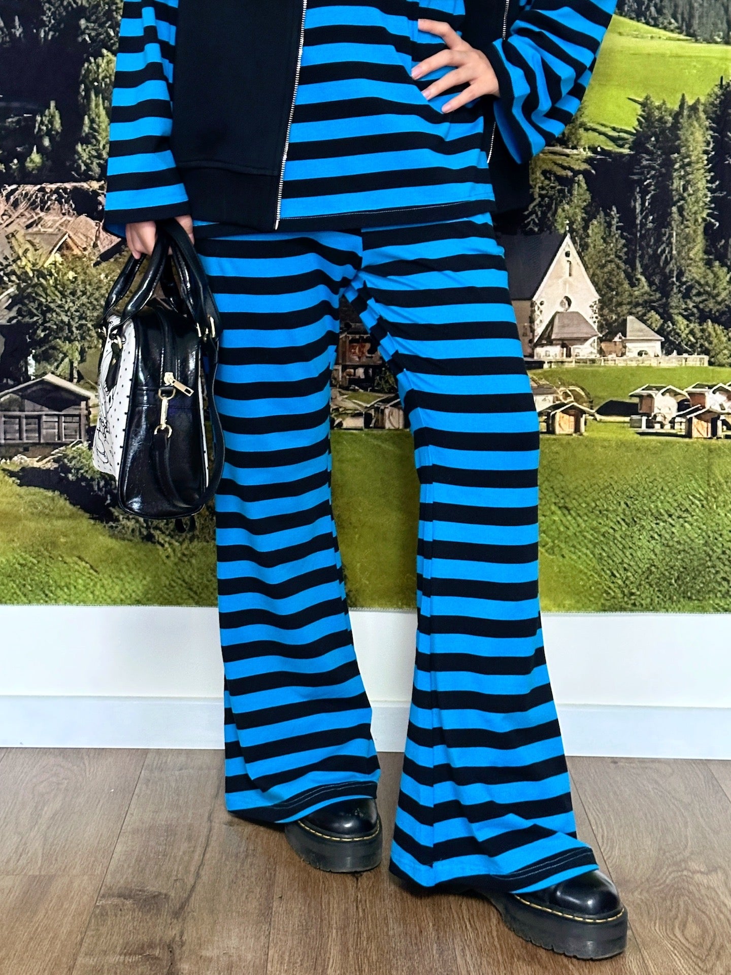 Y2K Flare Pants Blue Black Striped Loose Fit - BunnyBunnyGun by Land Decora